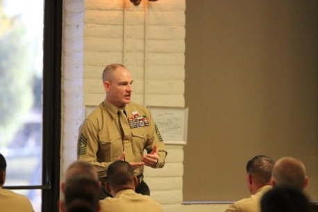 Sgt. Maj. Troy E. Black, the 1st Marine Logistics Group Sergeant Major, spoke at the Staff Sergeant's Seminar aboard Marine Corps Base Camp Pendleton Friday, Nov. 20. Newly selected and promoted staff sergeants gathered at this seminar to gain insight on expectations of a staff NCO from the senior enlisted and officers' perspective.