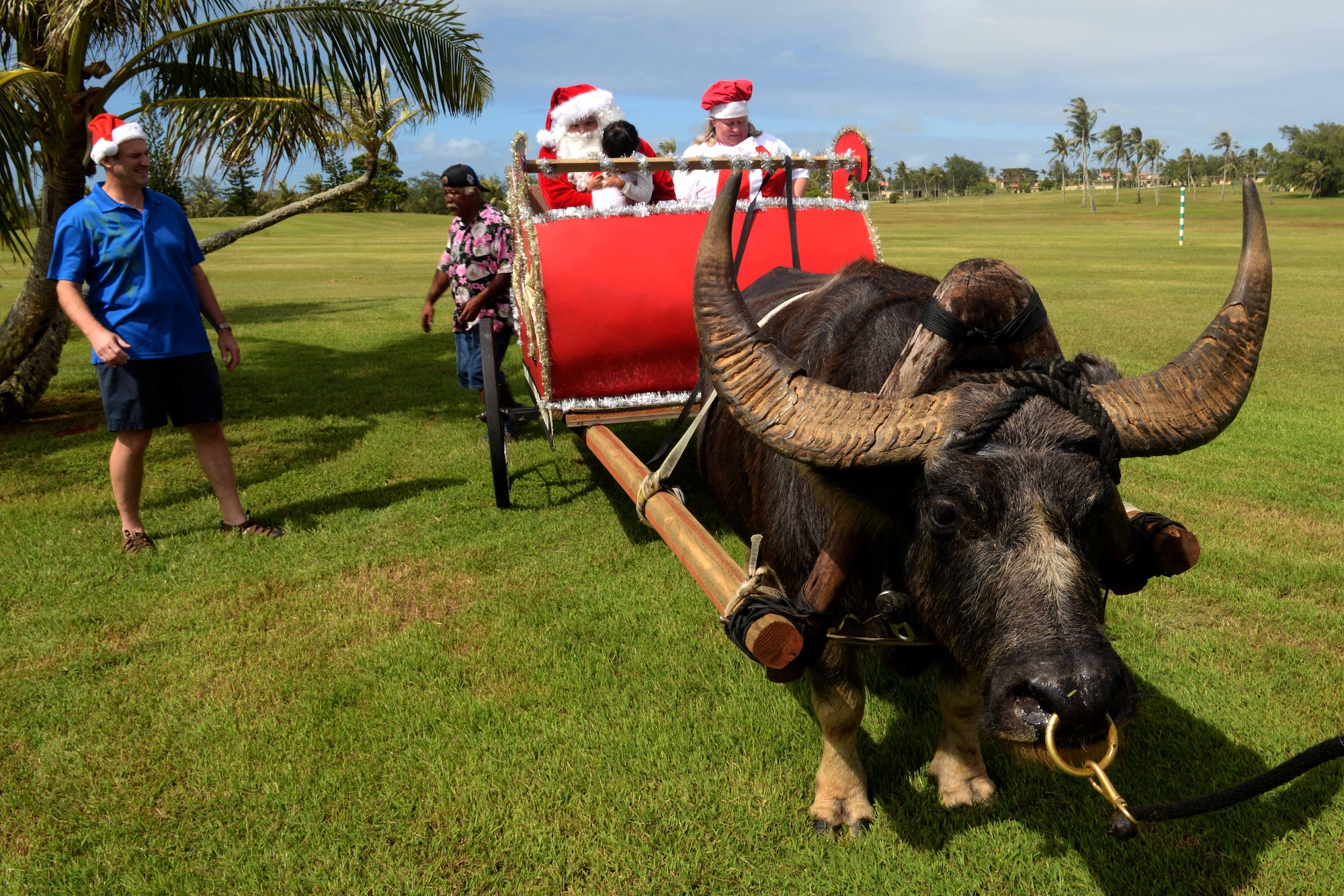 Santa Claus rides on a carabao-driven sleigh during the children’s holiday party Dec. 5, 2015, at Andersen Air Force Base, Guam. Volunteers brought food as part of a potluck and gifts for children for the party. (U.S. Air Force photo/Airman 1st Class Alexa Ann Henderson)