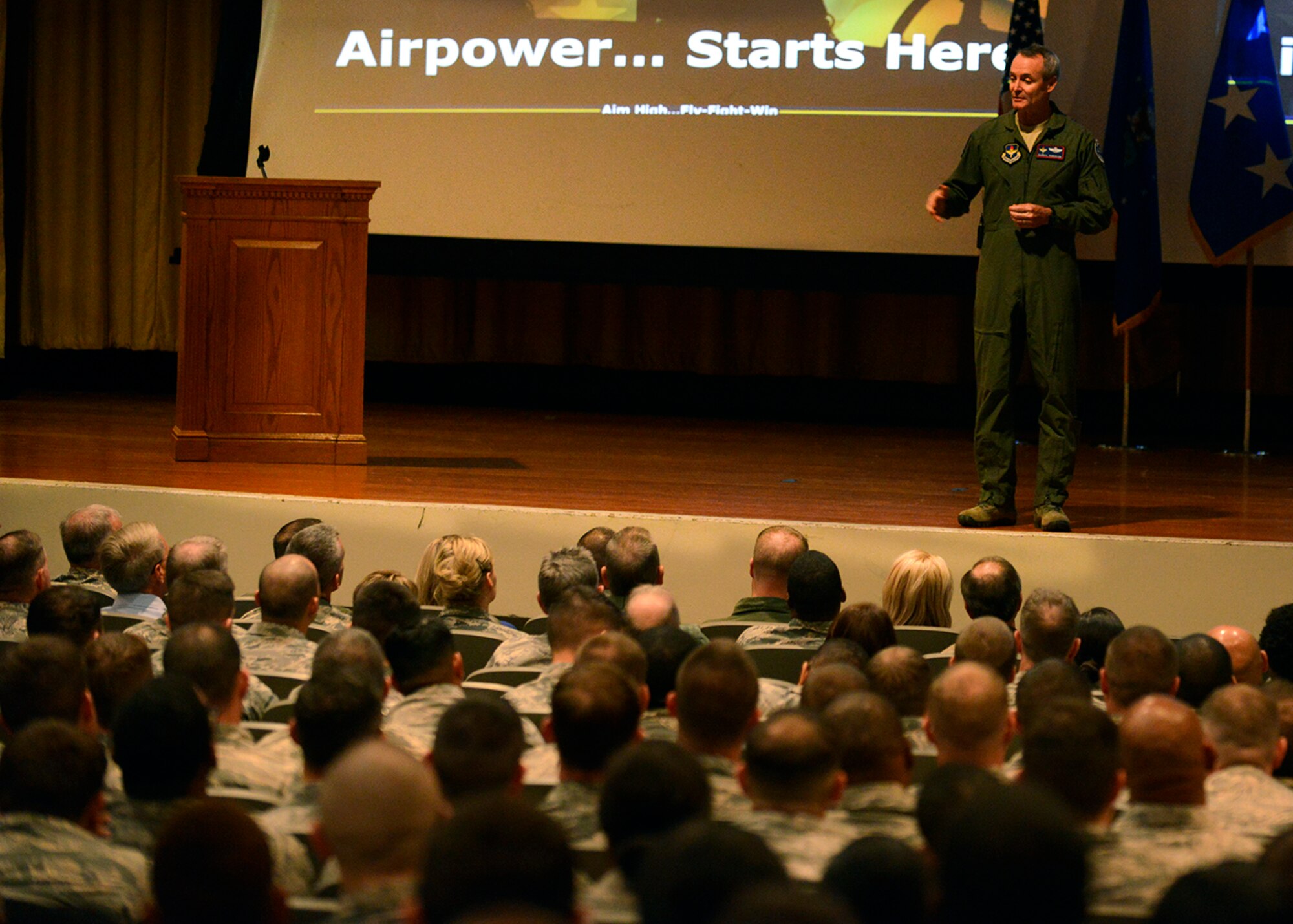 Lt. Gen. Darryl Roberson, commander of Air Education and Training Command, speaks to Luke Airmen at an all call at the base theatre in Luke Air Force Base, Ariz., Dec. 3, 2015. He highlighted his mission priorities and focused on Airmanship. (U.S. Air Force photo by Senior Airman Devante Williams)