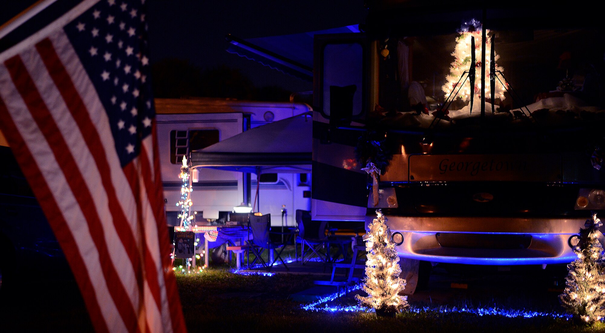 A recreational vehicle at the Family Camp at MacDill Air Force Base, Fla., displays holiday decorations Dec. 2, 2015. Like residential homes, the FAMCAMP residents decorate their recreational vehicles for the holidays and are urged to make safety top priority during the holiday season. (U.S. Air Force photo by Airman 1st Class Bradley Tipton)