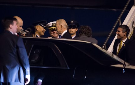 Vice President Joe Biden is greeted by Capt. Timothy Sparks and Col. Jimmy Canlas at Joint Base Charleston, S.C., Dec. 3, 2015. Biden visited the Lowcountry to pay tribute to Joe Riley, who is retiring after 40 years as the City of Charleston mayor. Sparks is the Joint Base Charleston deputy commander and Canlas is the 437th Airlift Wing vice commander. (U.S. Air Force photo/Senior Airman Jared Trimarchi)