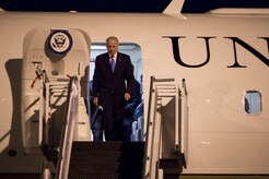 Vice President Joe Biden steps off Air Force Two, a Boeing C-32, at Joint Base Charleston, S.C., Dec. 3, 2015. Biden visited the Lowcountry to pay tribute to Joe Riley, who is retiring after 40 years as the City of Charleston mayor. (U.S. Air Force photo/Senior Airman Jared Trimarchi)
