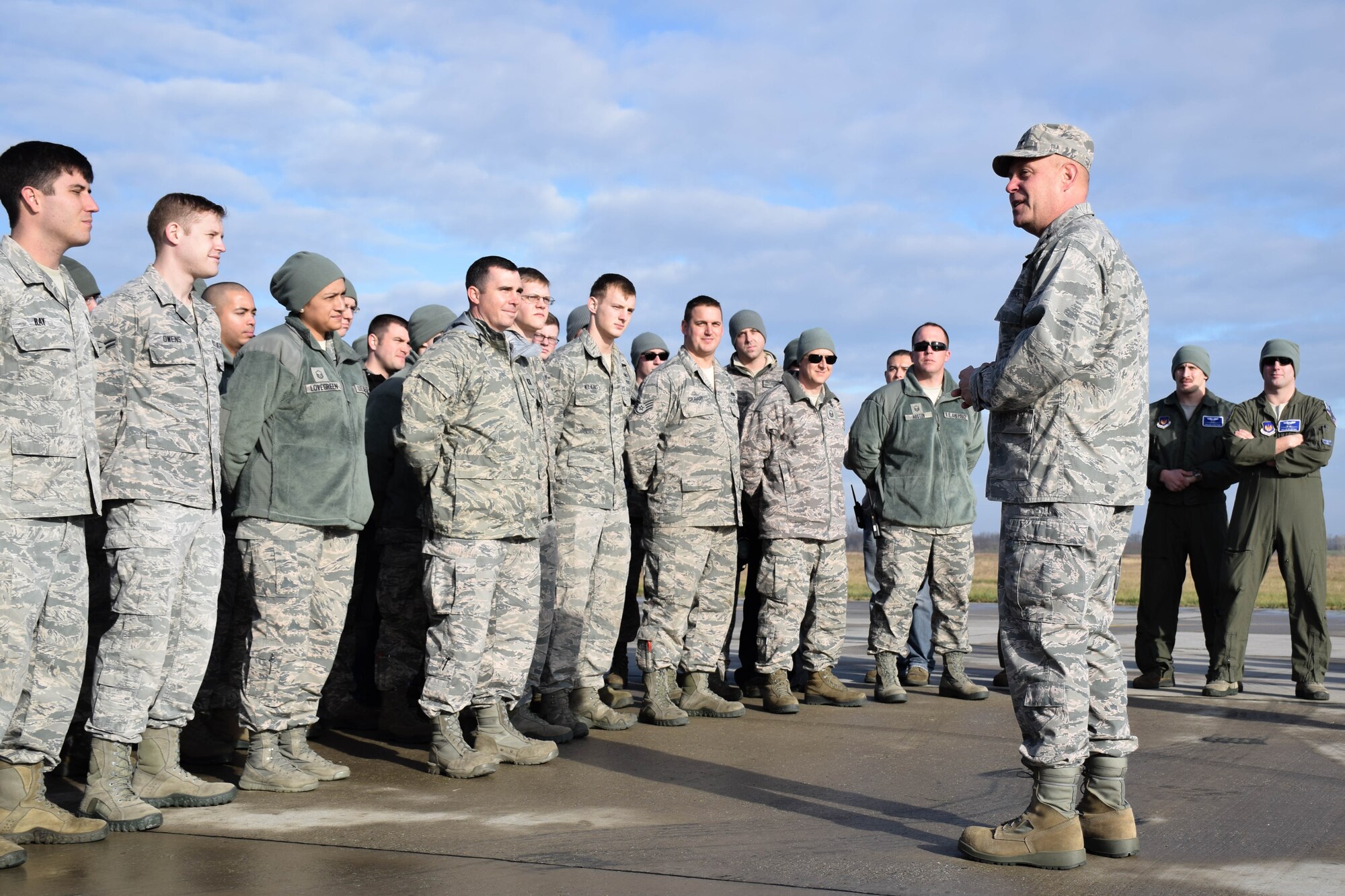 Maj. Gen. Vollmecke talks with Airmen from the 74th Expeditionary Fighter Squadron and answers their questions during a visit to Papa Air Base, Hungary, Dec. 2. The 74th EFS forward deployed to Hungary as part of Theater Security Package to conduct training and exercises alongside the Hungarian Air Force to increase readiness and enhance interoperability. (U.S. Air Force photo/ Capt. Lauren Ott)
