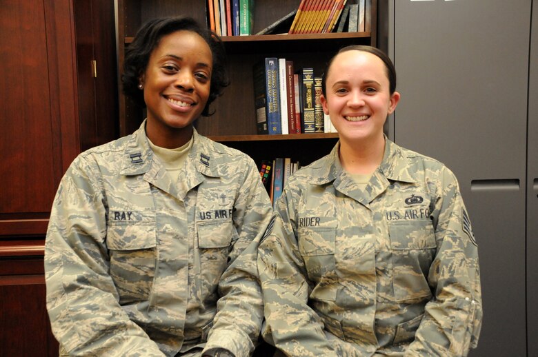 Chaplain (Capt.) Jennifer Ray (left), 50th Space Wing chaplain, and Staff Sgt. Jacqulyn Rider, chaplain assistant, earned the 2015 Air Force Space Command’s Outstanding Religious Support Team for the third quarter. Each RST takes care of the needs of every squadron by encouraging them in work, in life and providing for their free exercise of religion. Although the team is assigned to specific units on Schriever Air Force Base, Colorado, all Schriever personnel may approach them, regardless of unit affiliation. (U.S. Air Force photo/2nd Lt. Darren Domingo)