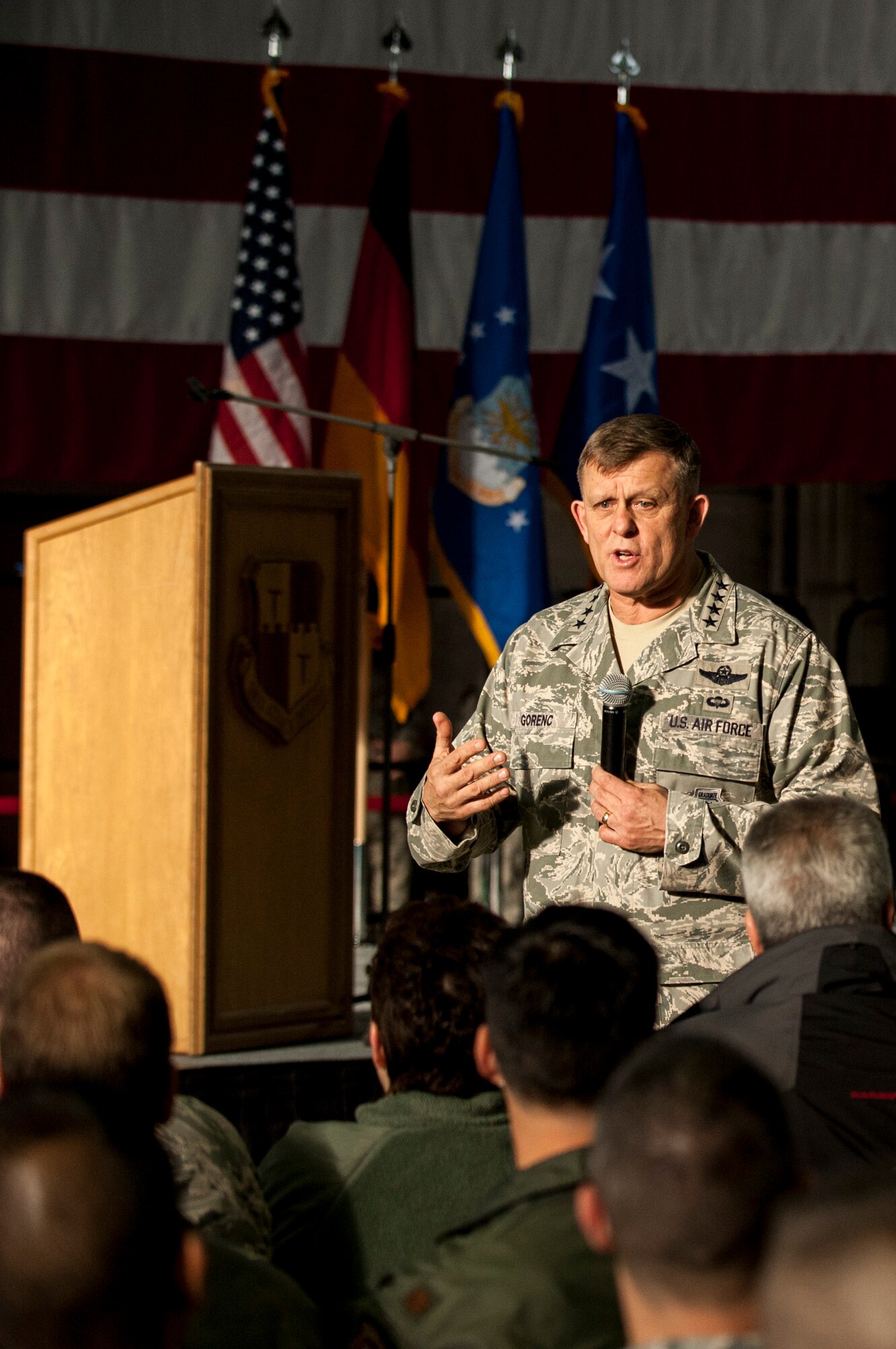 U.S. Air Force Gen. Frank Gorenc, U.S. Air Forces in Europe and Air Forces Africa commander, speaks during an all call inside Hangar 1 at Spangdahlem Air Base, Germany, Dec. 3, 2015. The general spoke to Spangdahlem Airmen about the importance of family and current Air Force issues. (U.S. Air Force photo by Senior Airman Rusty Frank/Released)