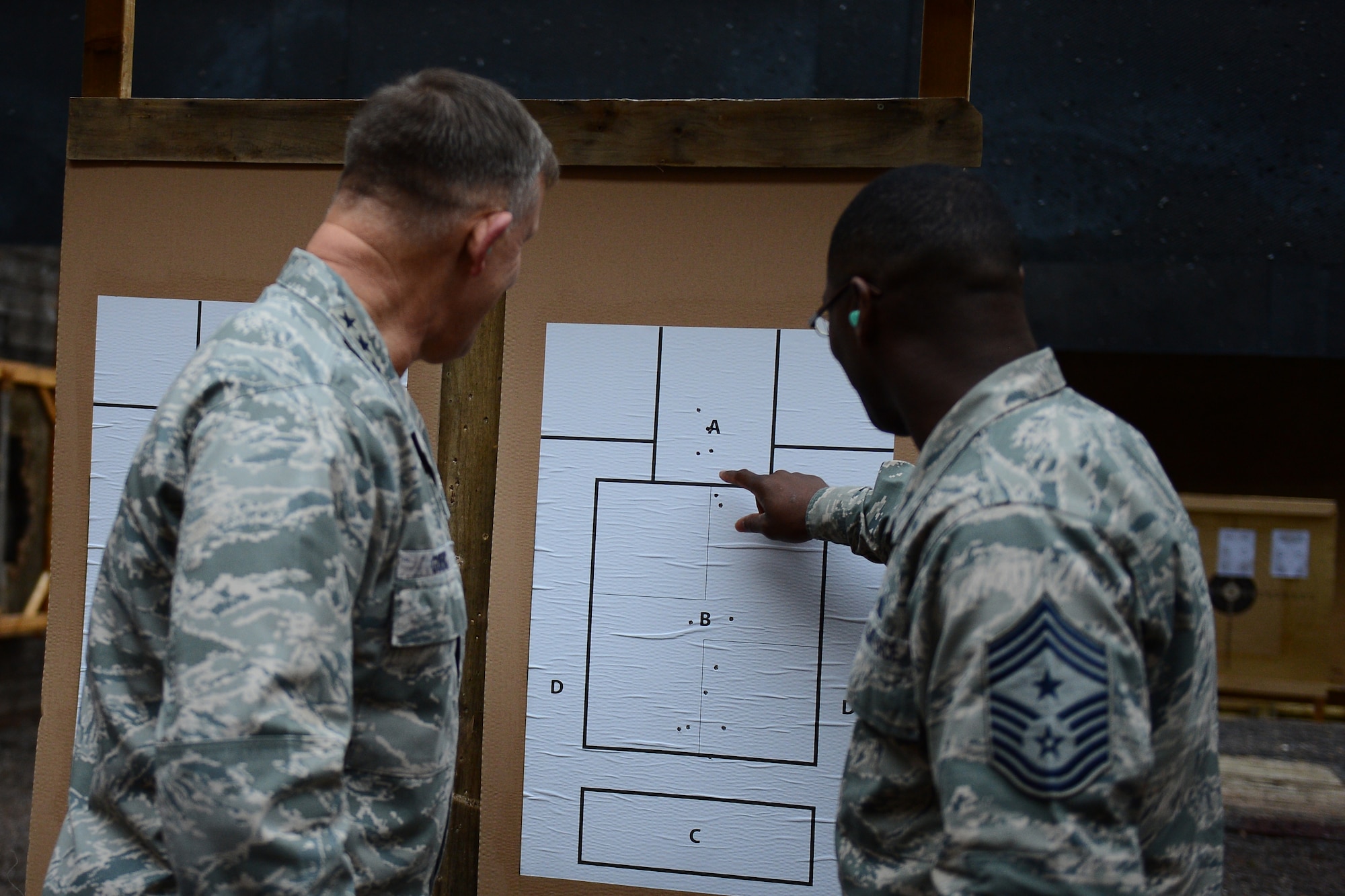 U.S. Air Force Gen. Frank Gorenc, U.S. Air Forces in Europe and Air Forces Africa commander, left, and U.S. Air Force Chief Master Sgt. James Davis, USAFE-AFAFRICA command chief, inspect Davis’s target after firing practice at the 702nd Munitions Support Squadron at Buechel Air Base, Germany, Dec. 3, 2015. Gorenc and Davis, along with 52nd Fighter Wing leadership, all participated in firing practice while visiting the 702nd MUNSS. (U.S. Air Force photo by Airman 1st Class Luke Kitterman)
