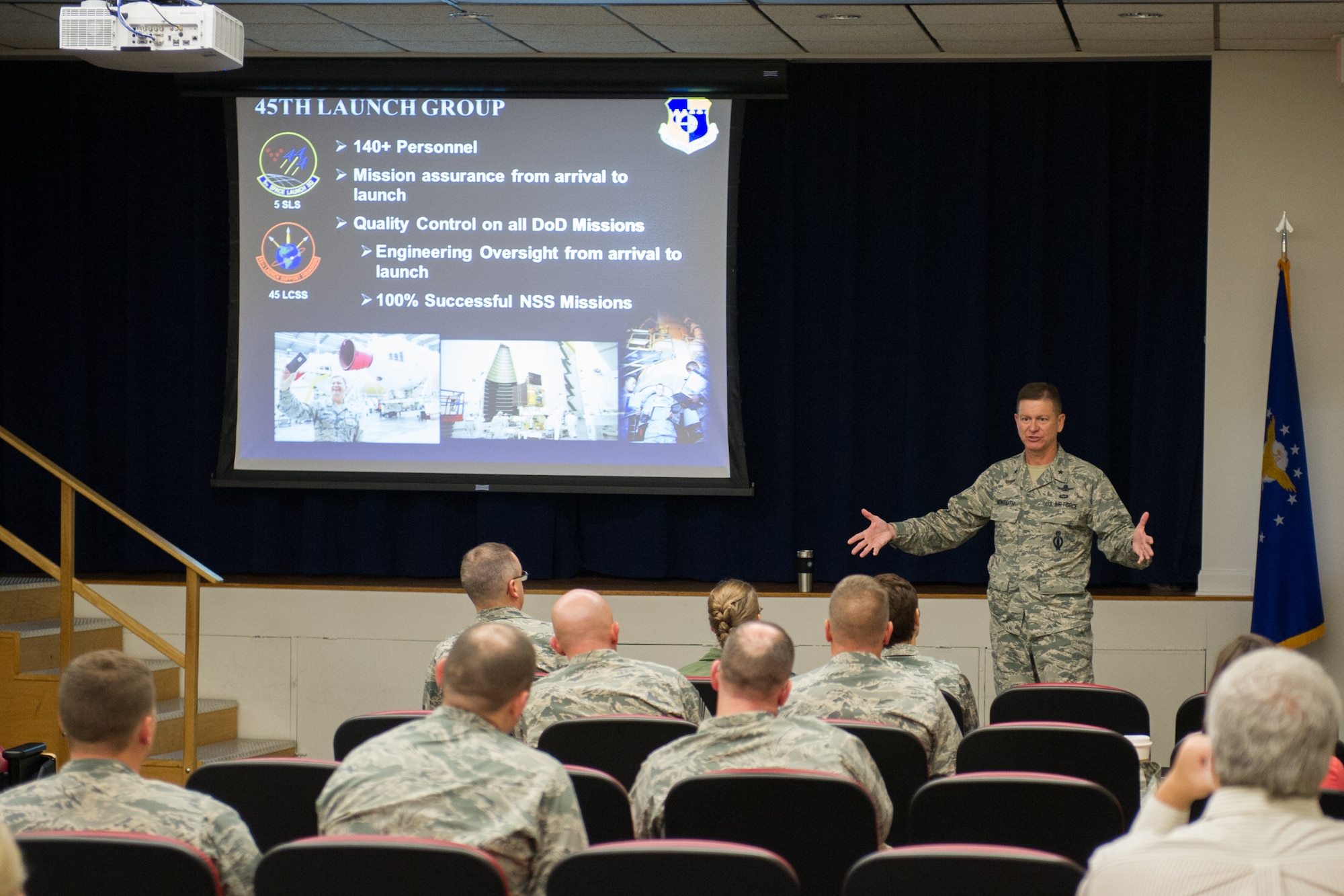 Brig. Gen. Wayne Monteith, 45th Space Wing commander, briefs the Air Force Space Command Inspector General Team on the 45th Space Wing’s mission during an in brief Dec. 7, 2015, at Patrick Air Force Base, Fla. The Unit Effectiveness Inspection will continue over the next two weeks, giving the 45th Space Wing the opportunity to showcase the team’s commitment to the 45th SW’s mission: one team … delivering assured space launch, range and combat capabilities for the nation. (U.S. Air Force photo by Benjamin Thacker/Released)