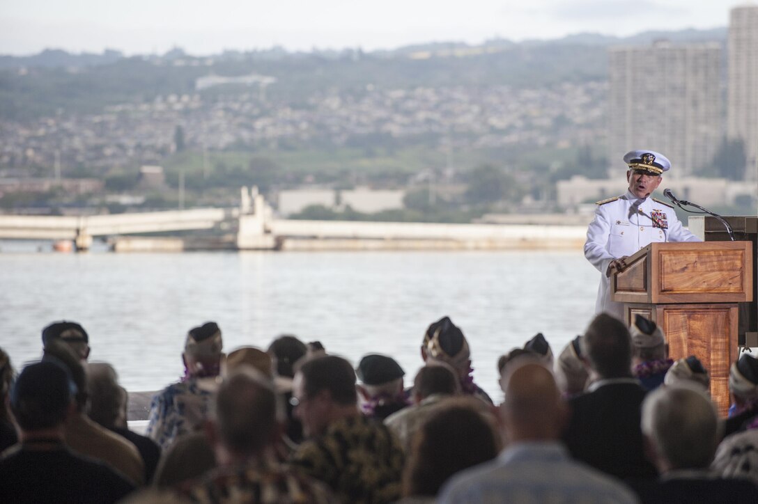 Navy Adm. Harry Harris, commander of U.S. Pacific Command, provides remarks during the Pearl Harbor Day Commemoration Anniversary at Joint Base Pearl Harbor-Hickam, Hawaii, Dec. 7, 2015. U.S. Air Force photo by Staff Sgt. Christopher Hubenthal