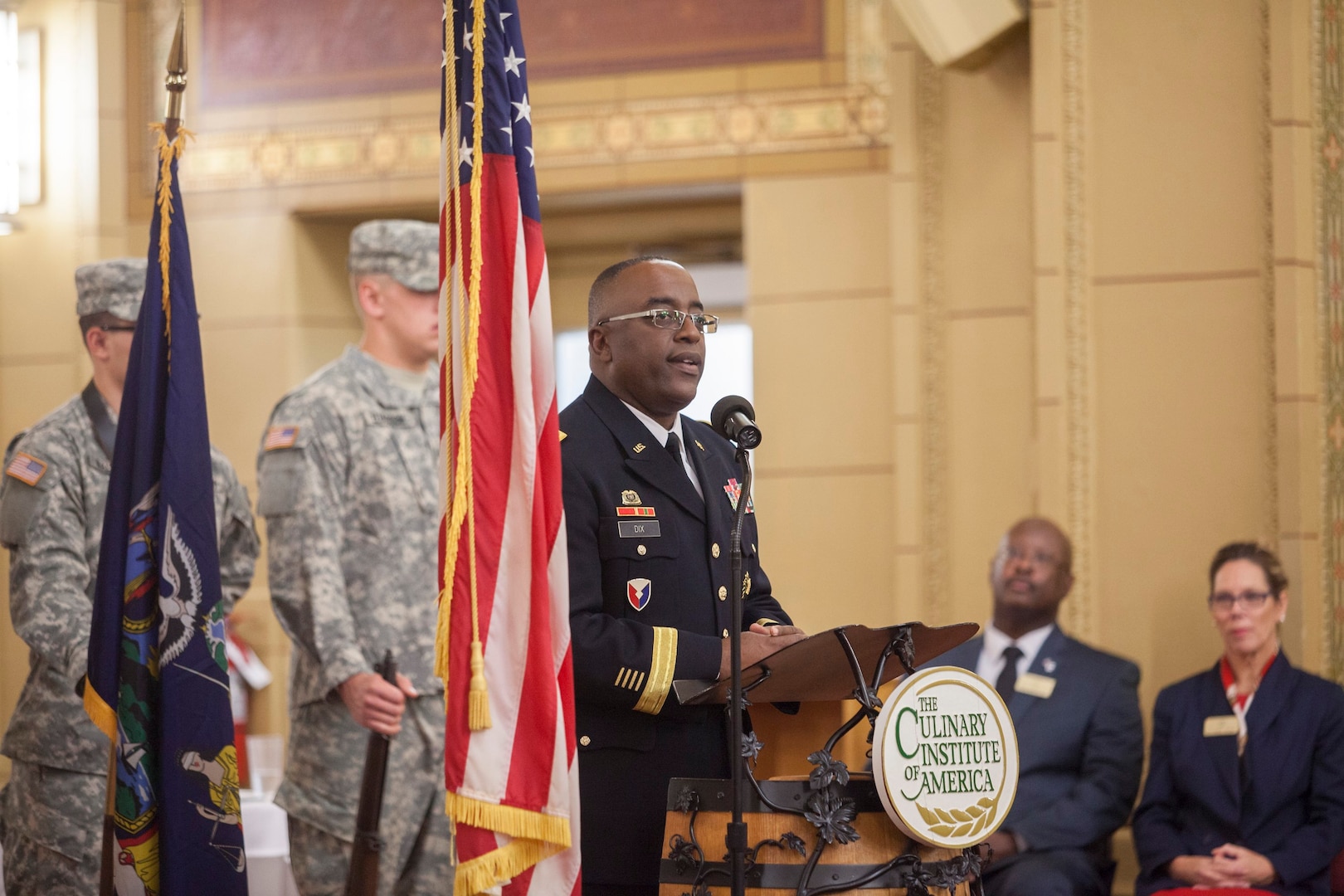 Army Brig. Gen. Richard B. Dix addresses a crowd of students, veterans and family members at the Culinary Institute of America’s Veterans Day program in Hyde Park, N.Y.