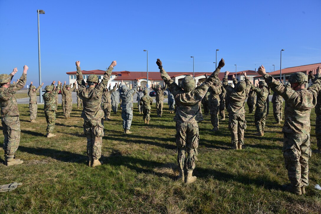 U.S. paratroopers participate in pre-jump training at Aviano Air Base, Italy, in preparation for airborne operations onto Juliet drop zone in Pordenone, Italy, Dec. 2, 2015. The paratroopers are assigned to the 54th Brigade Engineer Battalion, 173rd Airborne Brigade.  U.S. Army photo by Paolo Bovo
