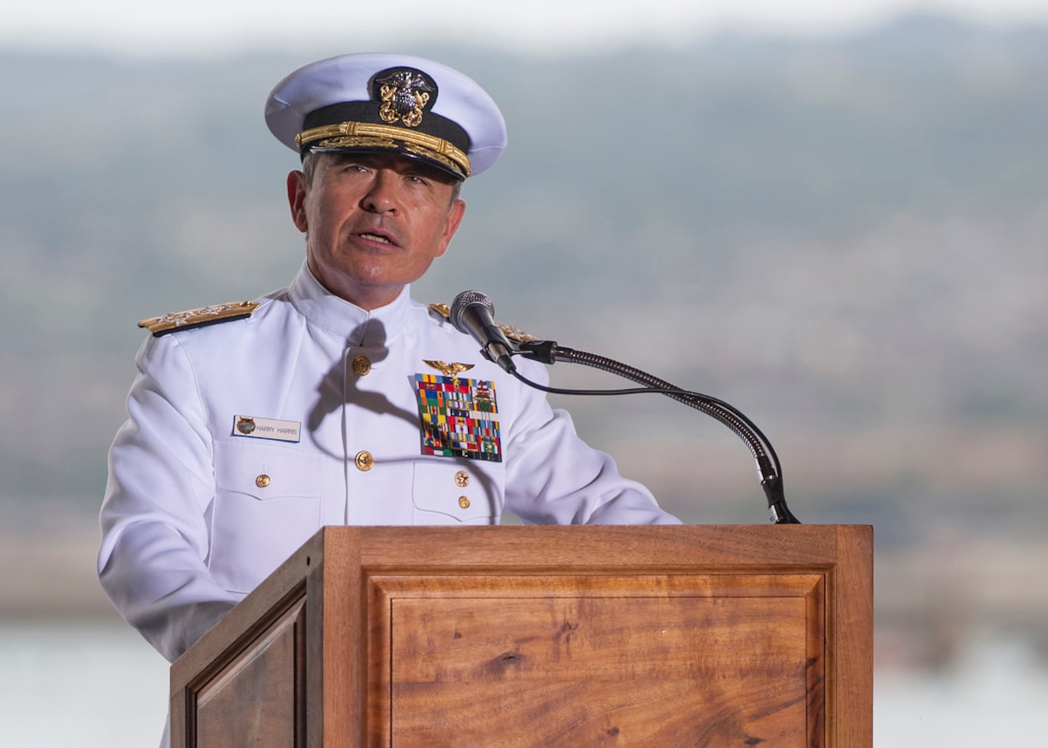 PEARL HARBOR (Dec. 7, 2015) Adm. Harry Harris, commander of U.S. Pacific Command, delivers remarks during the 74th National Pearl Harbor Remembrance Day ceremony at Joint Base Pearl Harbor-Hickam, Hawaii. The National Park Service and U.S. Navy co-hosted the ceremony, which featured Pulitzer Prize-winning historian Dr. David Kennedy as the keynote speaker and provided veterans, family members, and the community a chance to honor the sacrifices made by those who fought and lost their lives during the attack on Pearl Harbor 74 years ago. 