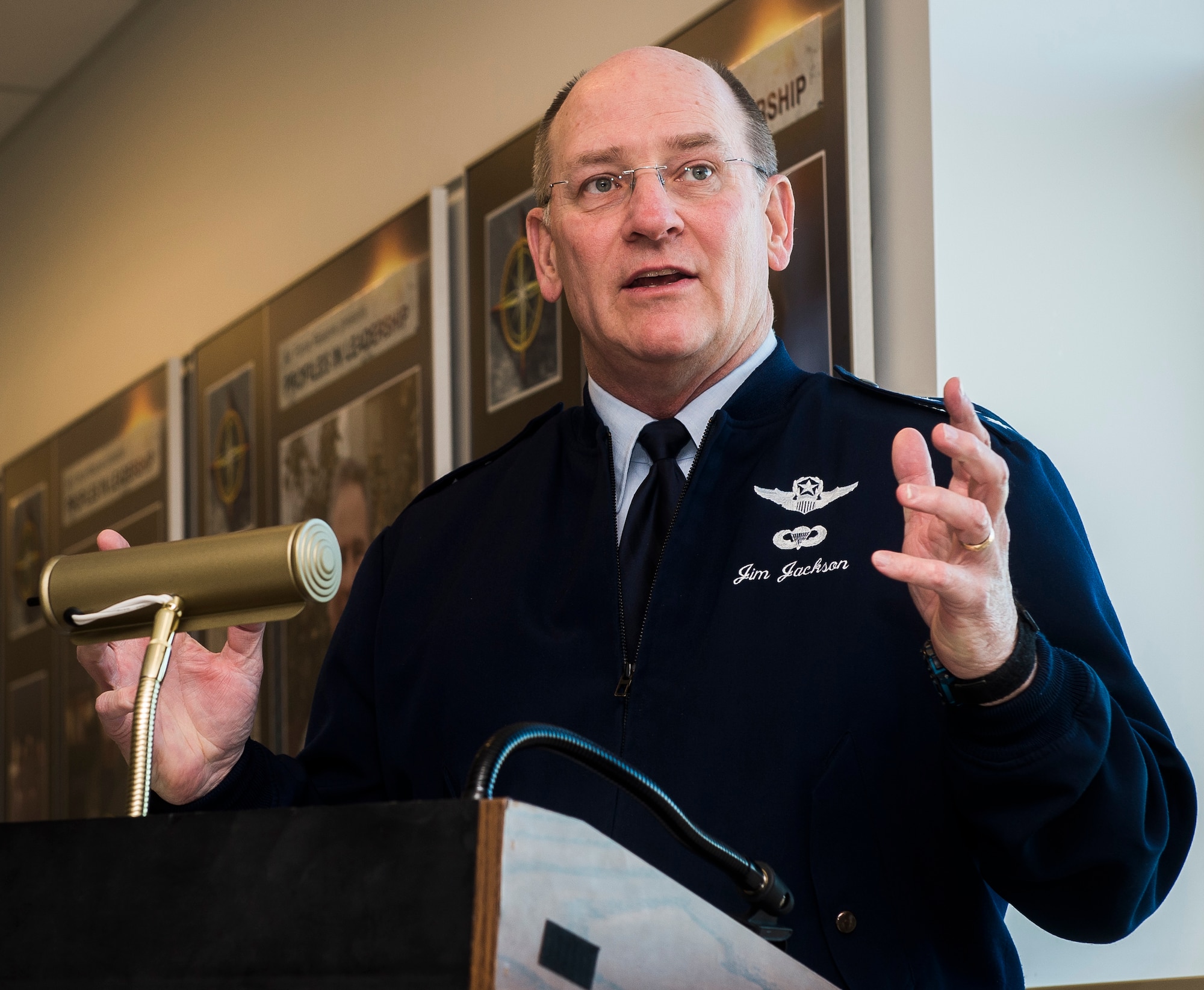 Chief of the Air Force Reserve Lt. Gen. James Jackson gives his remarks prior to unveiling the Profiles in Leadership display in the Pentagon, Washington D.C., Dec. 7, 2015. The display highlights outstanding examples of leadership in the Air Reserve forces, and celebrates and honors Citizen Airmen's contributions in serving the nation. (U.S. Air Force Photo/Jim Varhegyi)
