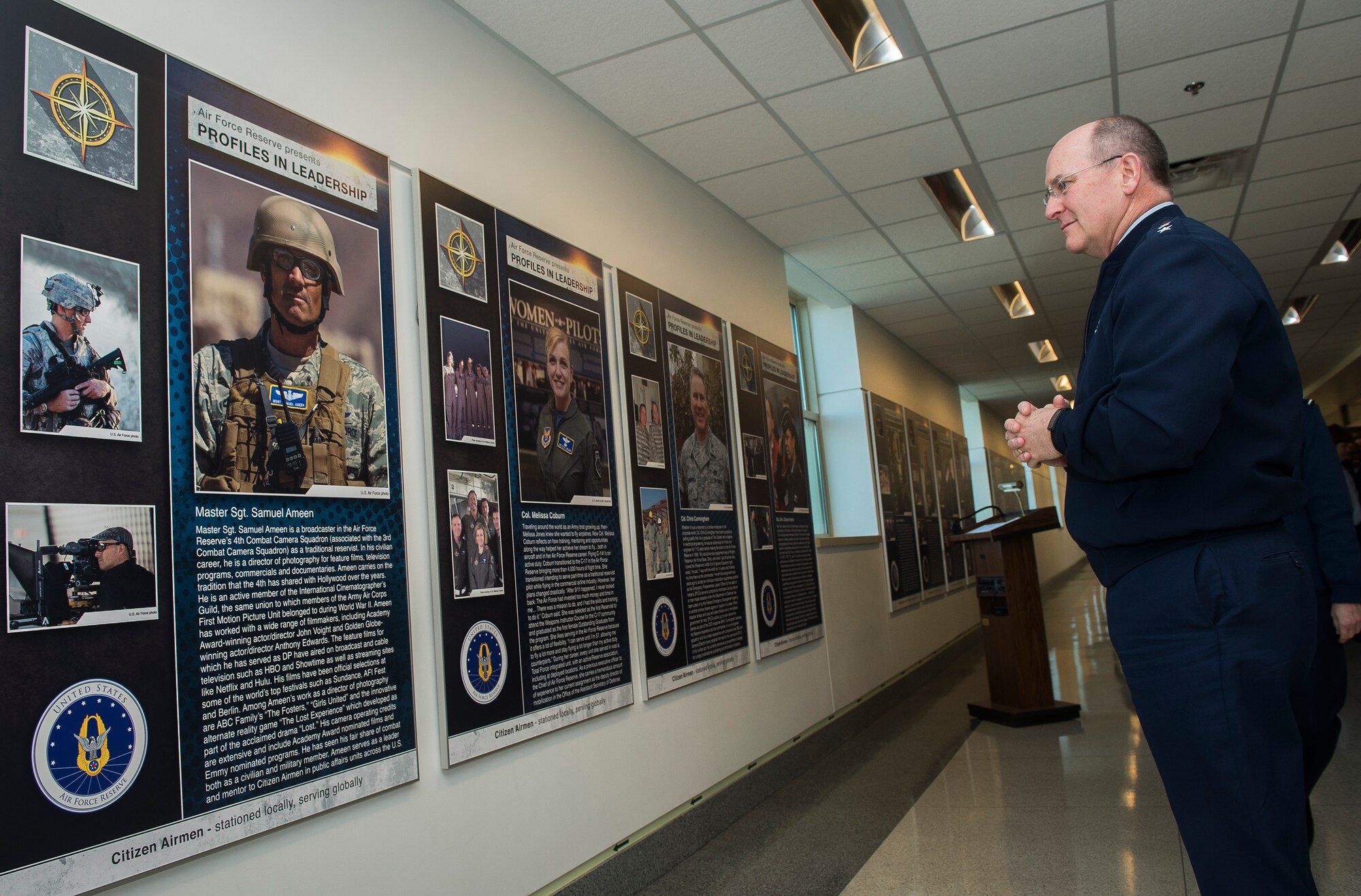 Chief of the Air Force Reserve Lt. Gen. James Jackson looks over the panels after unveiling the Profiles in Leadership display in the Pentagon, Washington D.C., Dec. 7, 2015. The display highlights outstanding examples of leadership in the Air Reserve forces, and celebrates and honors Citizen Airmen's contributions in serving the nation. (U.S. Air Force Photo/Jim Varhegyi)
