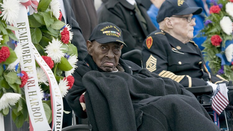 Frank Levingston, a 110-year-old Army veteran believed to be the nation’s oldest living World War II veteran, attends a Pearl Harbor remembrance ceremony at the National WWII Memorial on Dec. 7, 2015, in Washington, D.C. The attacks on the island of Oahu eventually left more than 2,400 dead and almost 1,200 wounded as it catapulted the U.S. into the war.