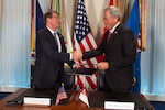 WASHINGTON (Dec. 7, 2015) - U.S. Defense Secretary Ash Carter and Singaporean Defense Minister Ng Eng Hen shake hands after signing the Enhanced Defense Cooperation Agreement during a meeting at the Pentagon, Dec. 7, 2015. 