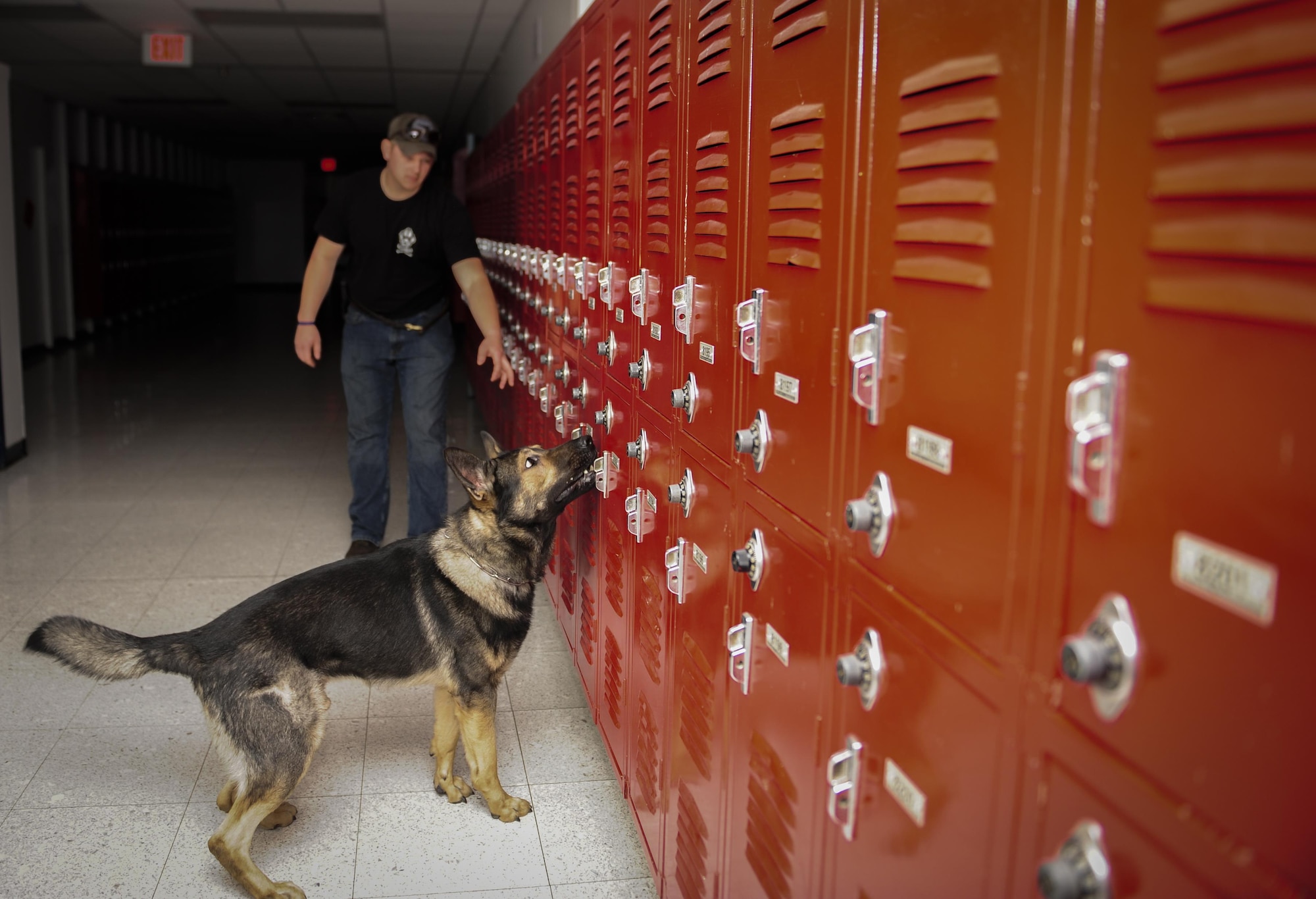 Shane Kriser, a K-9 officer with the Crestview Police Department, leads his police K-9 through a search at the Fort Walton Beach High School during the Inaugural Gulf Shores Detection Showdown, Dec. 5, 2015. The Gulfarium Marine Adventure Park, Emerald Coast Convention Center, Fort Walton Beach High School and the air park, here, were used as locations searched by the K-9 teams. (U.S. Air Force photo by Senior Airman Meagan Schutter)