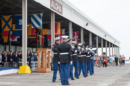 PEARL HARBOR (Dec. 7, 2015) - A U.S. Marine Corps honor guard detail performs a rifle salute during the 74th National Pearl Harbor Remembrance Day Commemoration ]at Joint Base Pearl Harbor-Hickam, Hawaii. The commemoration was co-hosted by the National Park Service and U.S. Navy and provided veterans, family members, and the community a chance to honor the sacrifices made by those who fought and lost their lives during the attack on Pearl Harbor 74 years ago. (U.S. Air Force photo by Staff Sgt.  