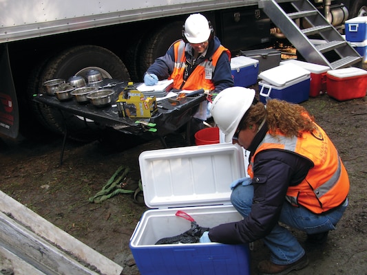 Contractors record and pack soil samples for testing.