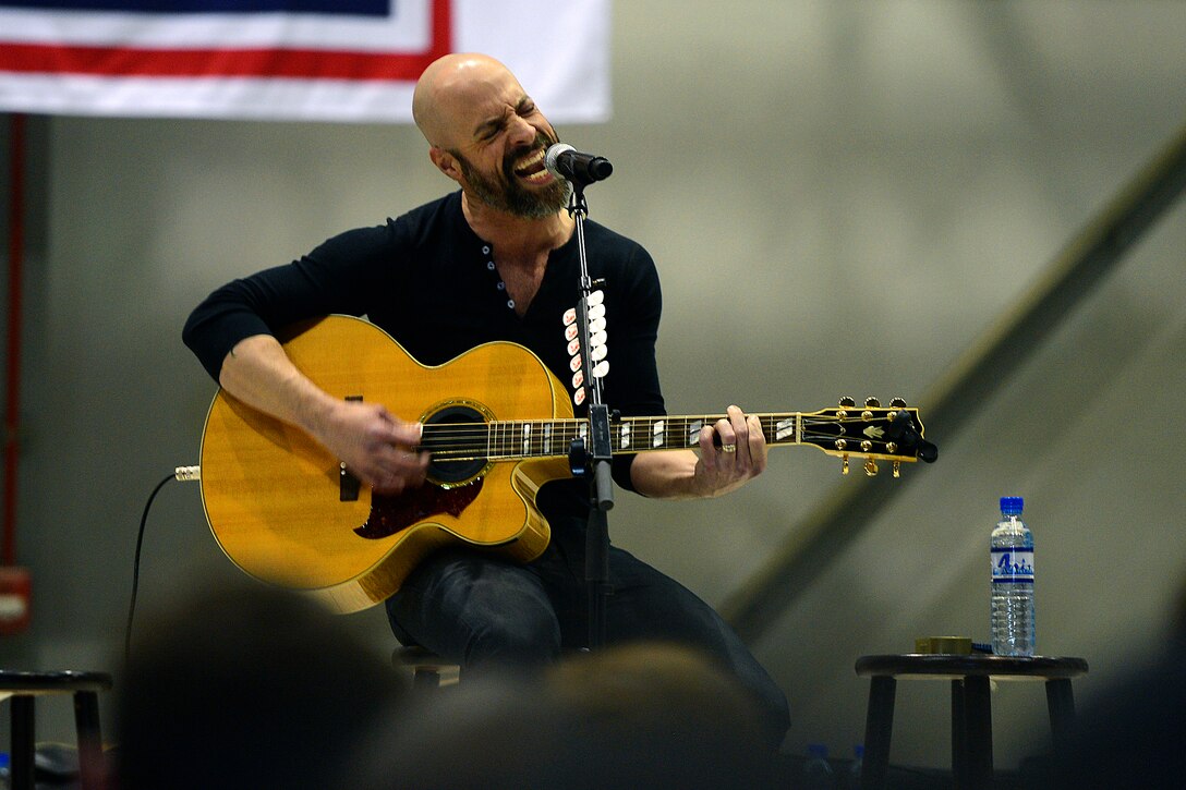 Recording artist Chris Daughtry entertains the troops during the USO Tour on Bagram Airfield, Afghanistan, Dec. 8, 2015. U.S. Air Force photo by Staff Sgt. Tony Coronado