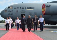 Manohar Parrikar, the India Defense Minister (right), and Arun K. Singh, the Indian Ambassador to the U.S., received an in-depth aeromedical evacuation demonstration of the C-17 Globemaster III  from PACAF Airmen on Joint Base Pearl Harbor-Hickam, Hawaii, Dec. 7, 2015. The Indian air force has the world's 2nd largest fleet of C-17s, behind the U.S., and these aircraft have already proven their value in supporting international response to regional crises. (U.S. Air Force photo by Tech. Sgt. Aaron Oelrich/Released)