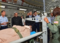 PACAF Airmen demonstrate the aeromedical evacuation capabilities of the C-17 Globemaster III to Manohar Parrikar, the India Defense Minister (left), and Arun K. Singh, the Indian Ambassador to the U.S., on Joint Base Pearl Harbor-Hickam, Hawaii, Dec. 7, 2015. The Indian air force has the world's 2nd largest fleet of C-17s, behind the U.S., and these aircraft have already proven their value in supporting international response to regional crises. (U.S. Air Force photo by Tech. Sgt. Aaron Oelrich/Released)