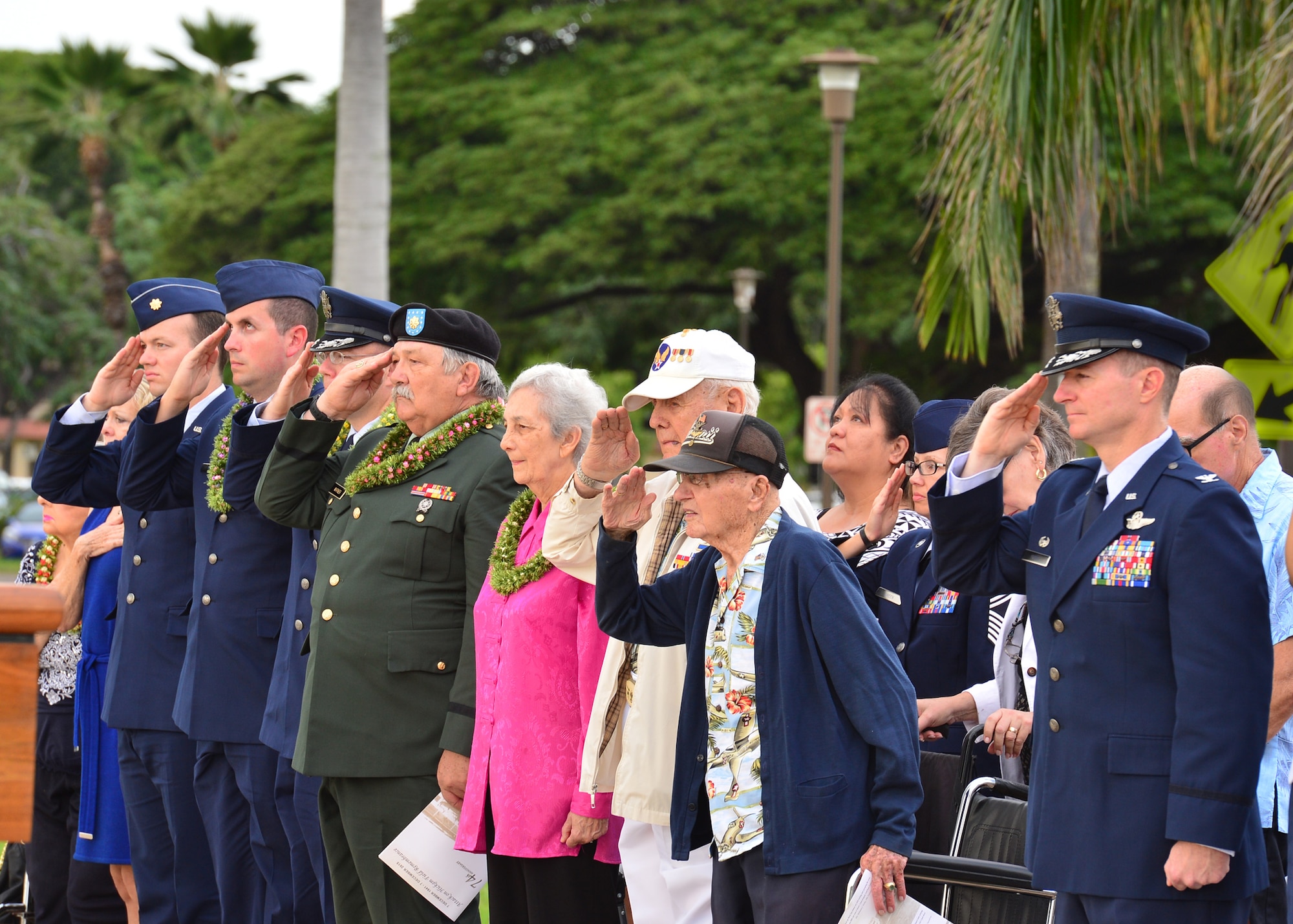 Survivors of the 1941 attack on Hickam Field, their family members, and military members salute during the 74th Remembrance Ceremony hosted by the 15th Wing on Joint Base Pearl Harbor-Hickam, Hawaii, Dec. 7, 2015. Survivors and their family members attended the ceremony, which honors the men and women who lost their lives on Hickam Field during the two waves of attacks launched by the Imperial Japanese Navy on Dec. 7, 1941. (U.S. Air Force photo by Tech. Sgt. Aaron Oelrich/Released) 