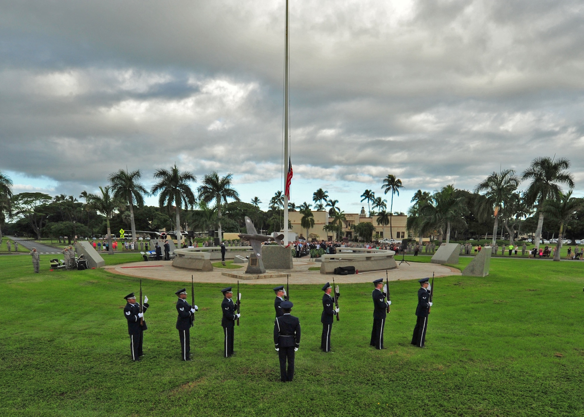 Members of the Hickam Honor Guard perform as a firing party during the 74th attack on Hickam Field Remembrance Ceremony hosted by the 15th Wing on Joint Base Pearl Harbor-Hickam, Hawaii, Dec. 7, 2015. Survivors and their family members attended the ceremony, which honors the men and women who lost their lives on Hickam Field during the two waves of attacks launched by the Imperial Japanese Navy on Dec. 7, 1941. (U.S. Air Force photo by Tech. Sgt. Aaron Oelrich/Released) 
