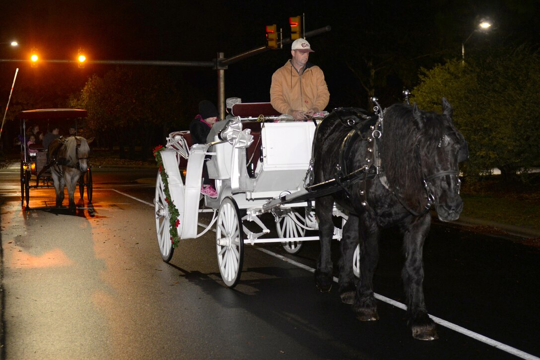 Members of Team Seymour ride in a carriage during a tree lighting ceremony, Dec. 7, 2015, at Seymour Johnson Air Force Base, North Carolina. Food venders, jewelry venders and free horse-drawn carriage rides were available at the event. (U.S. Air Force photo/Airman 1st Class Ashley Williamson)