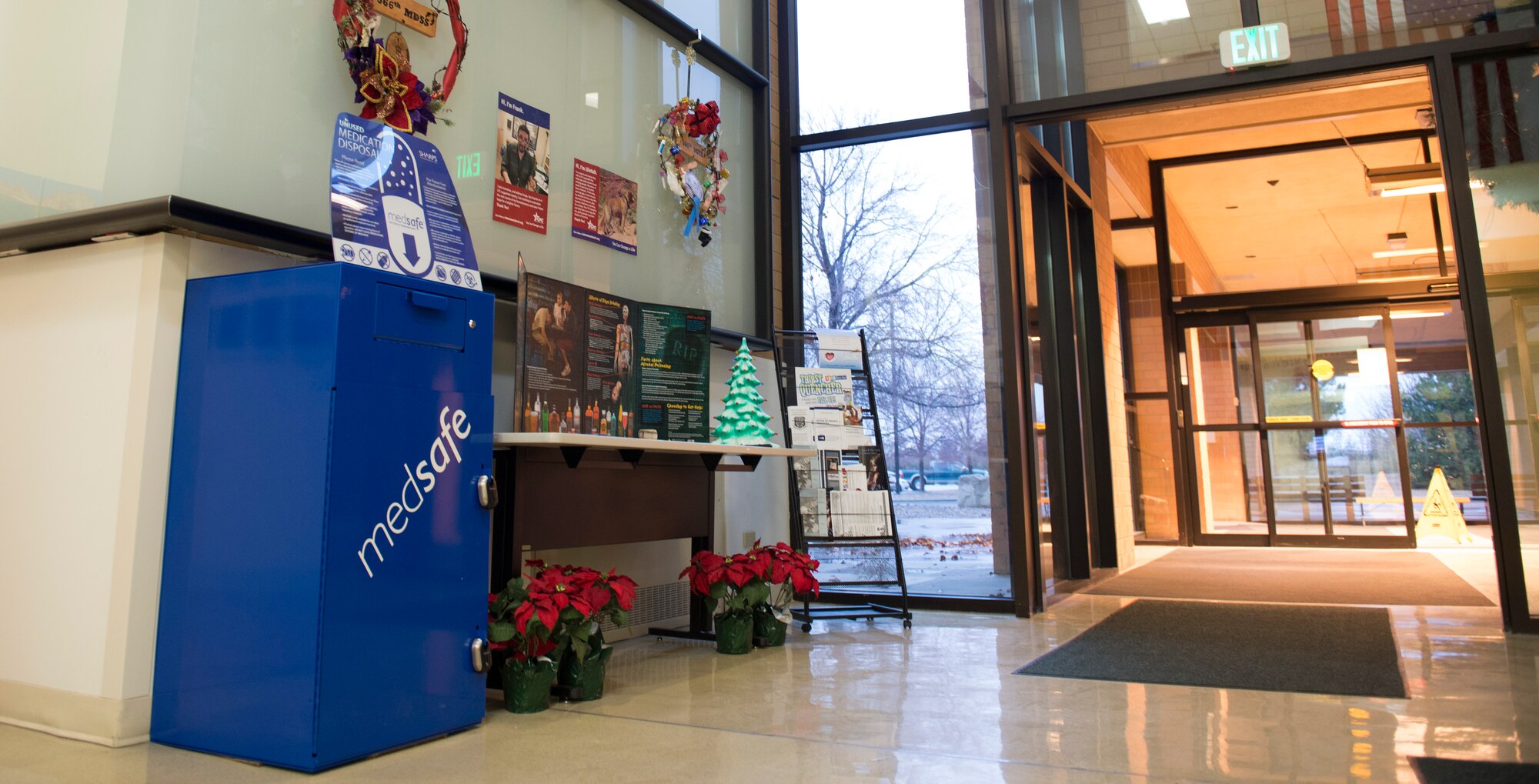The MedSafe medicine collection receptacle has been placed at the 366th Medical Group entranceway Nov. 18, 2015 at Mountain Home Air Force Base, Idaho. The MedSafe can be used to deposit all unused or expired medications, including creams and liquids, as well as unused insulin and Epi-pens. (U.S. Air Force photo by 2nd Lt. Kip Sumner/RELEASED)