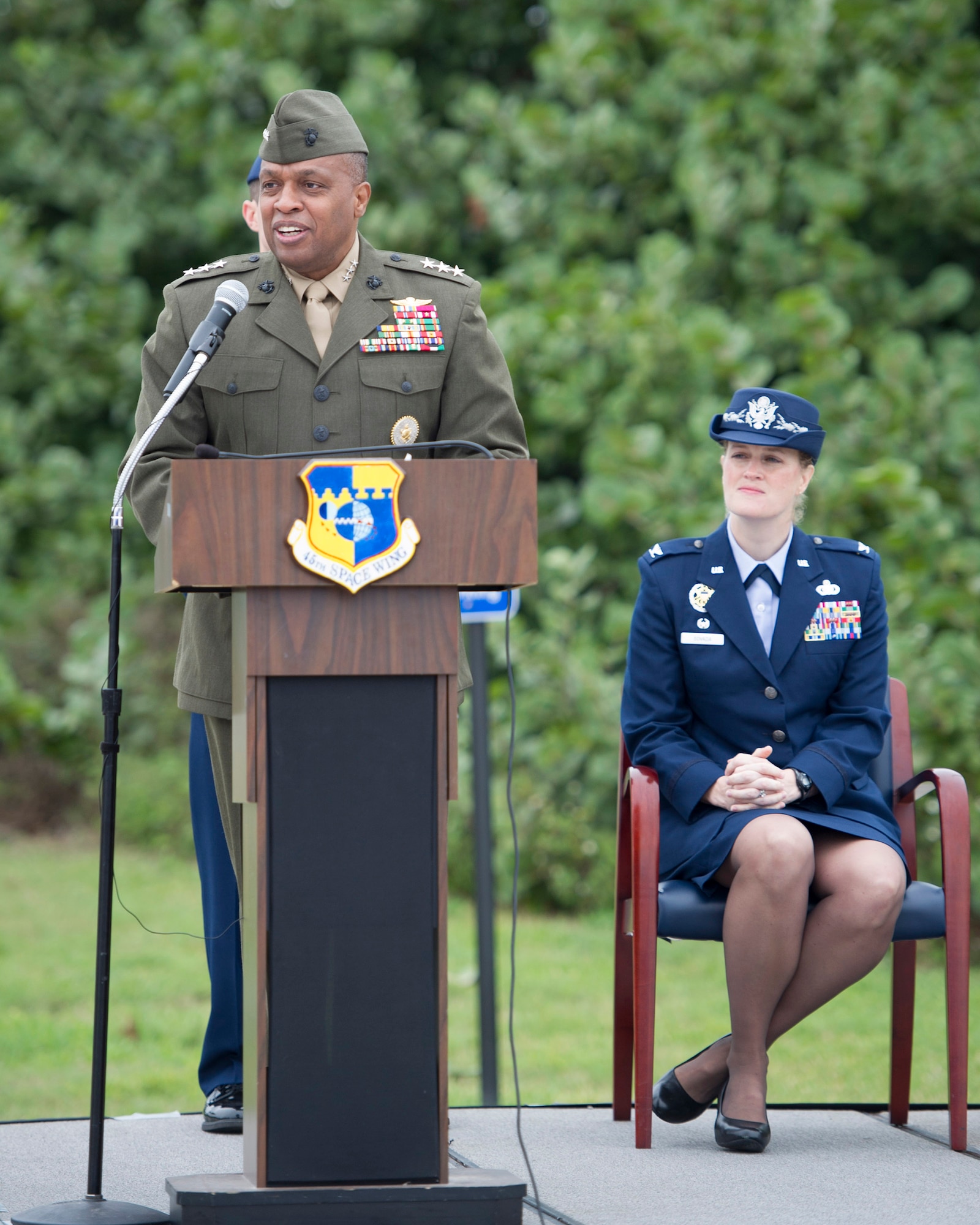 U.S. Marine Lt. Gen. Vincent Stewart, director of the Defense Intelligence Agency, delivers his keynote address during the 20th Annual Pearl Harbor and Pacific Theater Veterans Ceremony Dec. 7, 2015, at Patrick AFB, Fla.  Stewart, flanked by Air Force Technical Applications Center commander Col. Jennifer P. Sovada, called those in attendance, the greatest generation.  (U.S. Air Force photo by Matthew Jurgens)