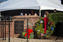 Two wreaths lay prepositioned at the Delaware Continentals memorial during the Wreaths Across America ceremony December 7 in Dover, Del. Col. Scott Durham, 512th Airliftt Wing commander, along with other Airmen from Dover Air Force Base, attended the ceremony to show support for the event. (U.S. Air Force photo/Capt. Bernie Kale)