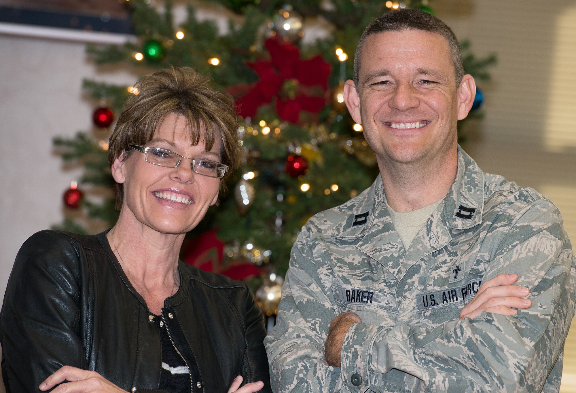 Will Rogers Airmen in need of emotional or financial support this holiday season can find access to assistance through the Airman Readiness and Chaplain’s Office or their squadron first sergeant. Shown here, from left to right, are Tracy Poindexter, 137th Air Refueling Wing yellow ribbon coordinator and Wing Chaplain Capt. Joseph D. Baker. (U.S. Air National Guard photo by Master Sgt. Andrew M. LaMoreaux/Released)