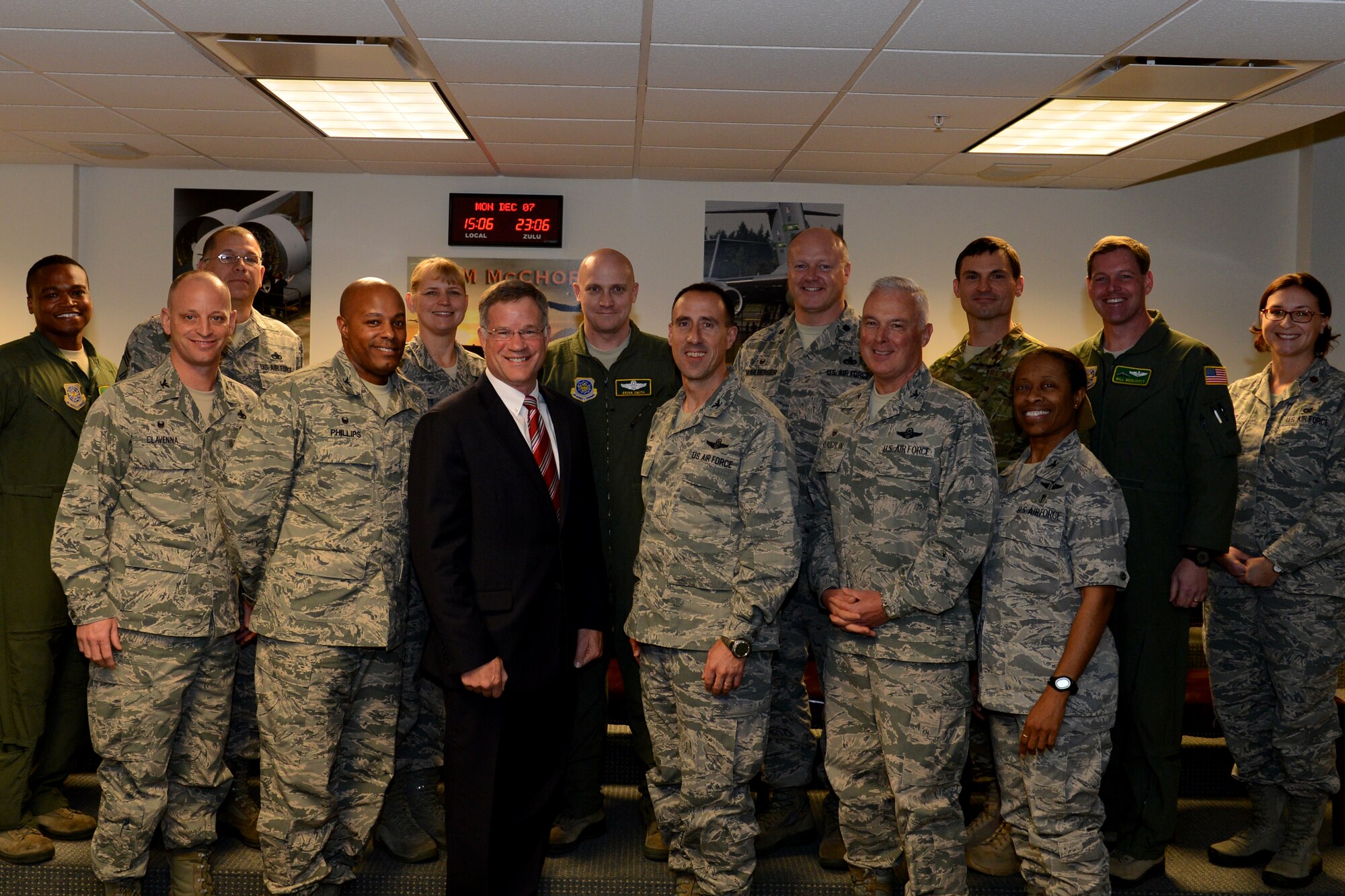 Senator Bruce Dammeier poses with members of Team McChord leadership on Joint Base Lewis-McChord, Wash., Dec. 7, 2015. This was Dammeiers first visit with the Airmen of Team McChord. He received a mission brief and talked about some of his key issues of impacting JBLM such as; maintain a good relationship between the base and Washington State, transitioning servicemembers and supporting veterans with in the state. (U.S. Air Force photo by Tech. Sgt. Tim Chacon)