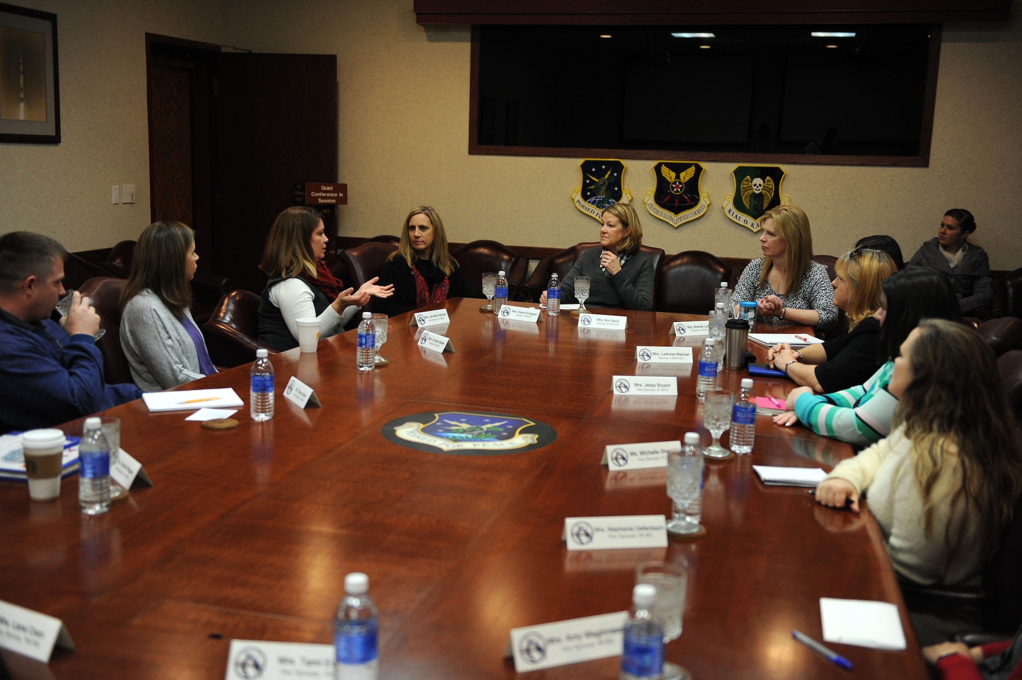 Kim Rand, wife of AFGSC commander Gen. Robin Rand, visits with Key Spouses at Minot AFB, North Dakota. Discussion topics included families, fitness and education. (U.S. Air Force photo/Senior Airman Kristoffer Kaubisch)