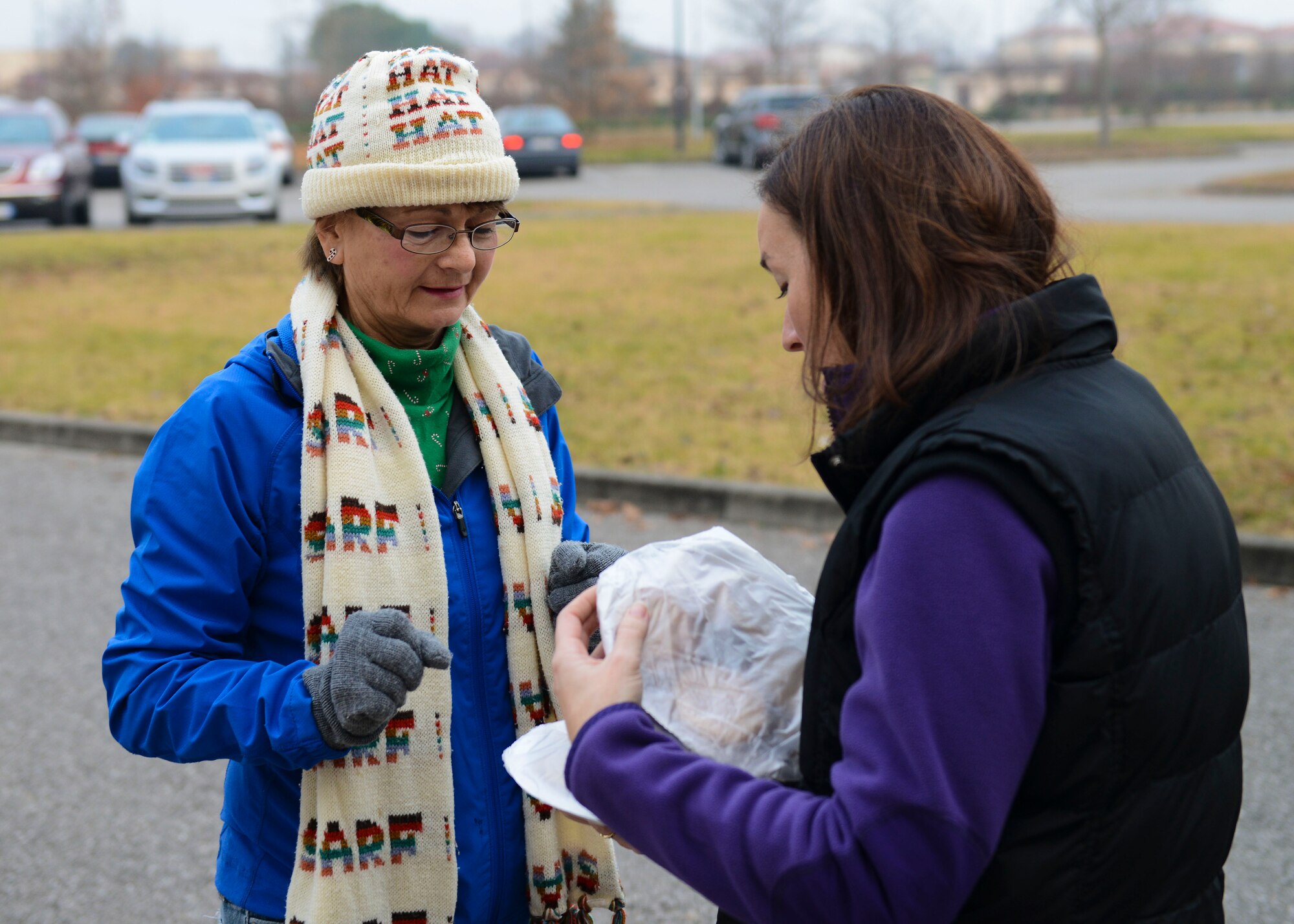 Patsy Cook, Team Aviano spouse, donates a batch of cookies to the annual holiday cookie drive, Dec. 7, 2015, at Aviano Air Base, Italy. The Aviano Officer and Civilian Spouses’ Club held a cookie contest to determine the best cookie based on creativity, taste and appearance. (U.S. Air Force photo by Senior Airman Austin Harvill/Released)