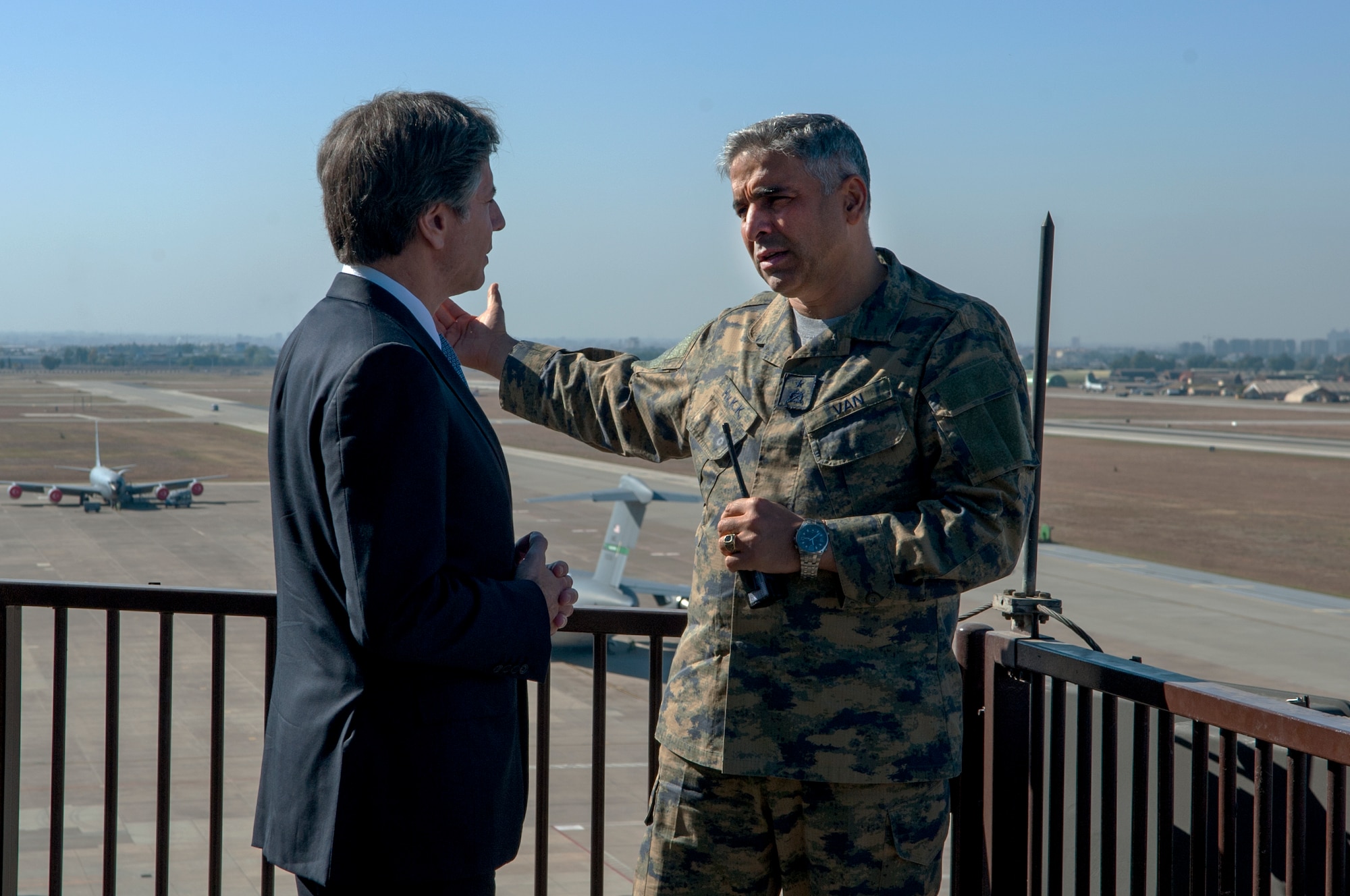 U.S. Deputy Secretary of State Antony Blinken and Brig. Gen. Bekir Ercan Van, 10th Tanker Base Command commander, discuss airfield management Nov. 20, 2015, at Incirlik Air Base, Turkey. Incirlik AB is a Turkish base located in NATO’s southern region and home to the Turkish air force’s 10th Tanker Base command as well as U.S. Air Force’s 39th Air Base Wing. (U.S. Air Force photo by Staff Sgt. Jack Sanders/Released)