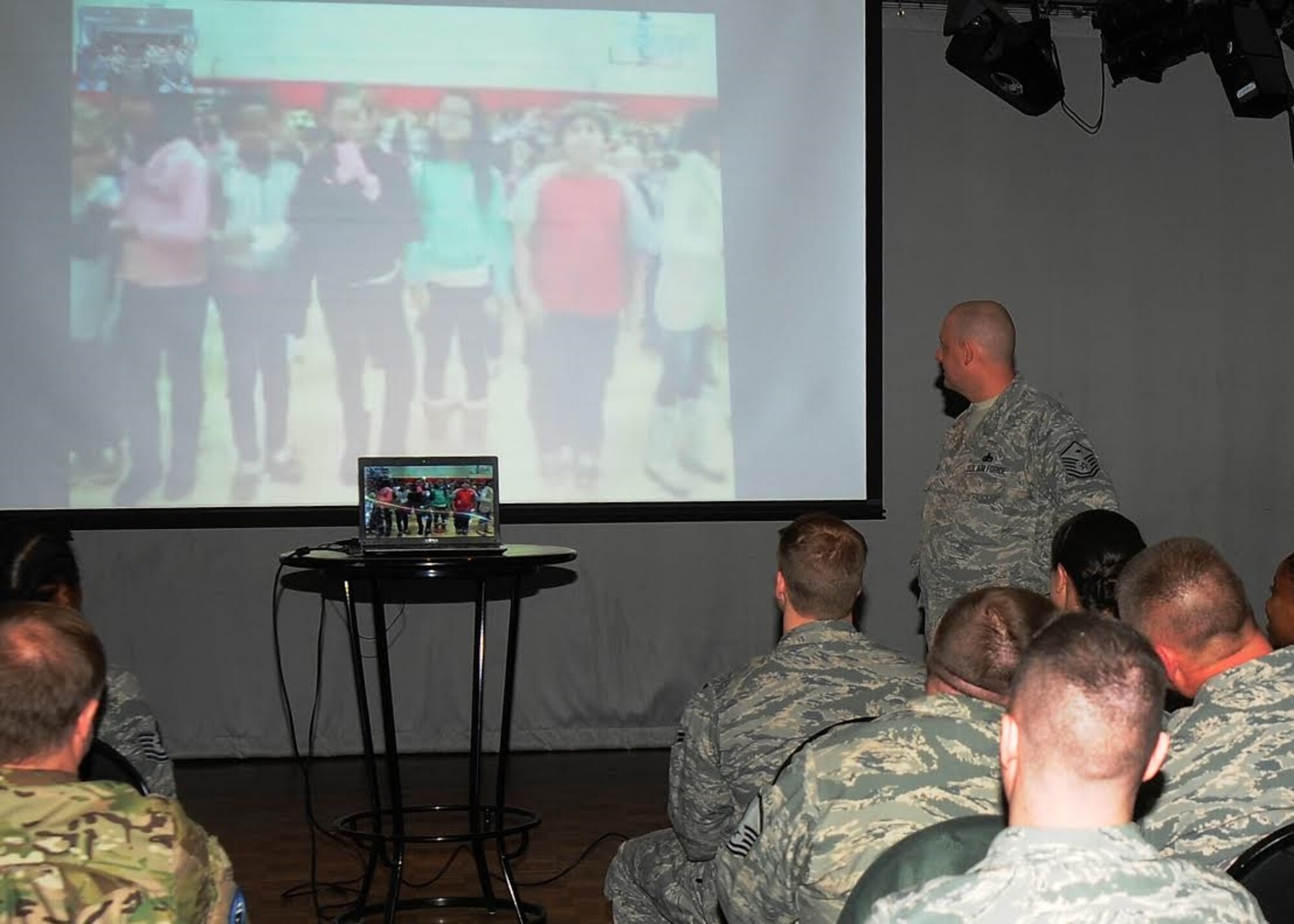THULE AIR BASE, Greenland – Members of the 821st Air Base Group video call students from Northview School in Peru, Ill., Dec. 2, 2015. Approximately 100 Thule Airmen participated in the call with the students to thank them for the care packages sent containing a variety of goods from baking supplies to cold weather gear and more. Students also asked questions and received answers about arctic life. (Courtesy photo)