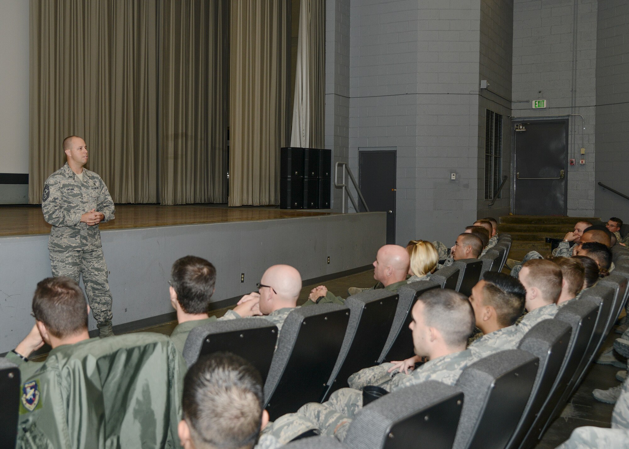 Chief Master Sgt. Christopher Lantagne, Air Force Test Center command chief, spoke briefly to introduce himself during the Enlisted Call Dec. 7 at the Base Theater. (U.S. Air Force photo by Rebecca Amber)