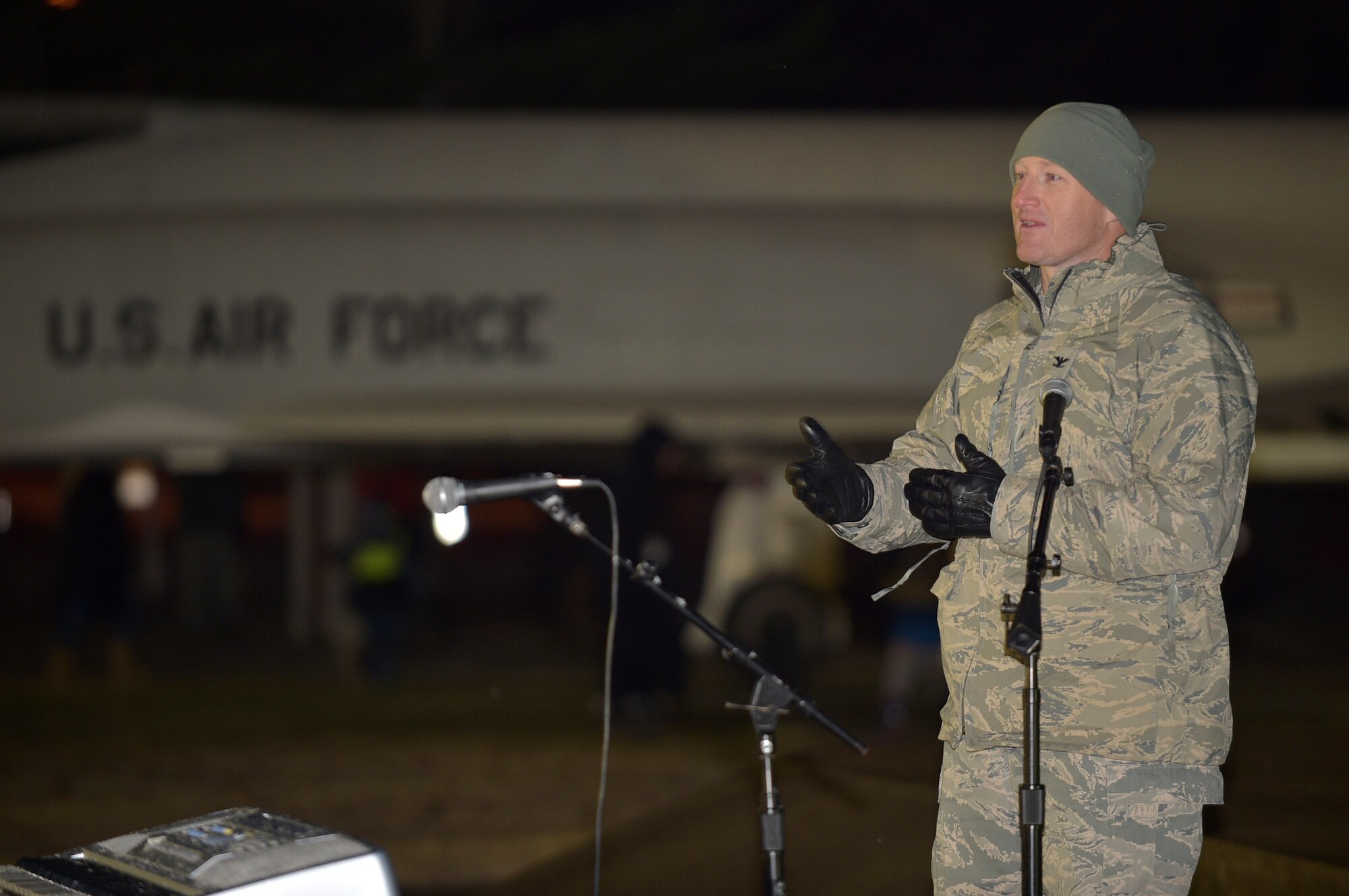 U.S. Air Force Col. Travis Rex, 35th Fighter Wing vice commander, thanks families for coming out to support the annual Holiday Tree Lighting Ceremony at Misawa Air Base, Japan, Dec. 4, 2015. He spoke about the importance of resiliency and being there for one another as we approach the holiday season. (U.S. Air Force photo by Senior Airman Jose L. Hernandez-Domitilo) 