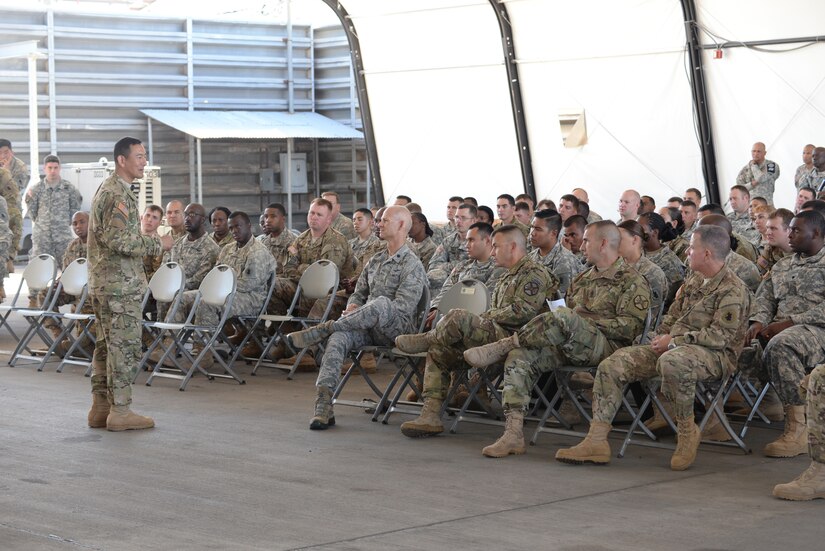 U.S. Army Maj. Gen. K.K. Chinn, Army South commander, speaks to a group of Soldiers stationed at Soto Cano Air Base, Honduras, Dec. 8, 2015. Chinn came to Soto Cano to give the Soldiers a better idea of how their work is helping to build relationships between partner nations throughout the Central American area of responsibility. (U.S. Air Force photo by Senior Airman Westin Warburton/Released)