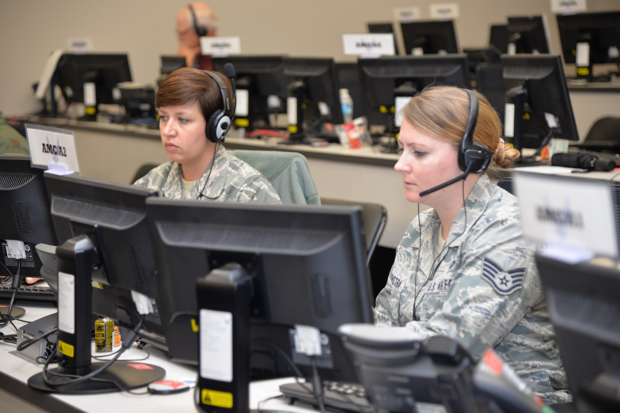 Members of Air Mobility Command and 18th Air Force work in the Crisis Battle Staff during Exercise Global Thunder/Vigilant Shield at 18th AF headquarters on Scott Air Force Base, Nov. 5, 2015. CBS members are pulled from every directorate and special staff agency in the commands and acts as the focal point for all operations during a contingency. The CBS is exercised regularly in order to be able to effectively respond to a crisis on very short notice. (U.S. Air Force photo by Master Sgt. Thomas J. Doscher)