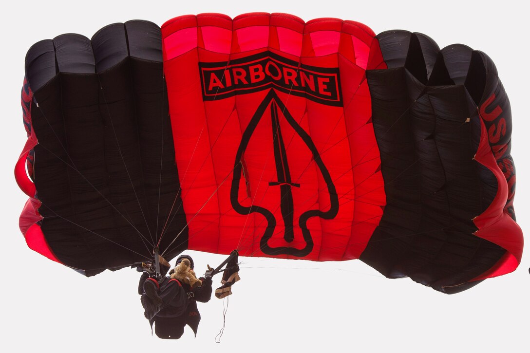 A U.S. Army Special Operations parachute team member descends toward Luzon drop zone during the 18th Annual Randy Oler Memorial Operation Toy Drop on Camp Mackall, N.C., Dec. 7, 2015. Operation Toy Drop is the world's largest combined airborne operation during which service members help provide children in need with toys for the holidays.  U.S. Air Force photo by Staff Sgt. Douglas Ellis 
