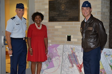 Col. Matt Isler (left), 12th Flying Training Wing commander, Live Oak Mayor Mary Dennis and Lt. Col. Robin Baldwin, 12 FTW Community Initiatives Officer, after the Live Oak City Council meeting Dec. 8, 2015.  The council voted 5-0 to adopt the Joint Land Use Study, ensuring joint development planning and compatible land use between the city and Joint Base San Antonio-Randolph.