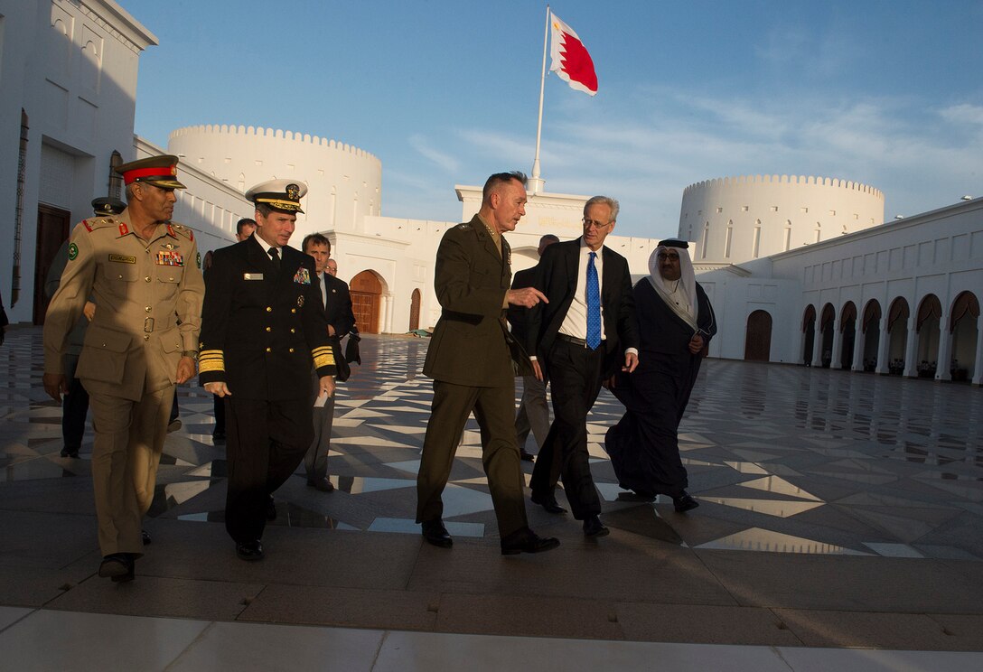 U.S. Marine Corps Gen. Joseph F. Dunford Jr., chairman of the Joint Chiefs of Staff, and U.S. Ambassador to Bahrain William V. Roebuck talk outside the Sakhir Palace in Bahrain, Dec. 7, 2015. DoD photo by D. Myles Cullen