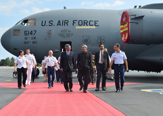 Indian Defense Minister Manohar Parrikar, right, and Arun K. Singh, the Indian ambassador to the U.S., received an in-depth aeromedical evacuation demonstration of the C-17 Globemaster III from Pacific Air Forces Airmen on Joint Base Pearl Harbor-Hickam, Hawaii, Dec. 7, 2015. The Indian air force has the world's second largest fleet of C-17s, behind the U.S., and these aircraft have already proven their value in supporting international response to regional crises. (U.S. Air Force photo/Tech. Sgt. Aaron Oelrich)