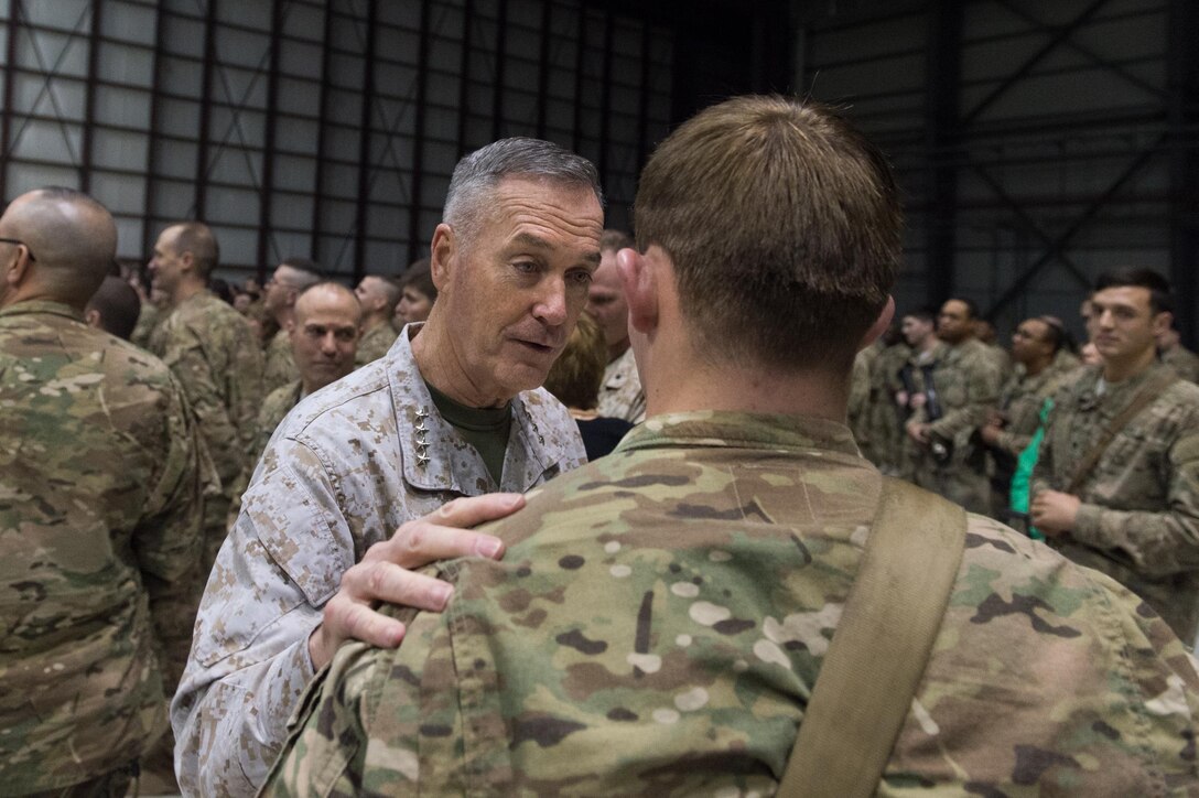 U.S. Marine Corps Gen. Joseph F. Dunford Jr., chairman of the Joint Chiefs of Staff, talks with U.S. service members at Bagram Airfield, Afghanistan, Dec. 8, 2015. Dunford was traveling with USO entertainers to visit deployed service members during the holidays. DoD photo by D. Myles Cullen