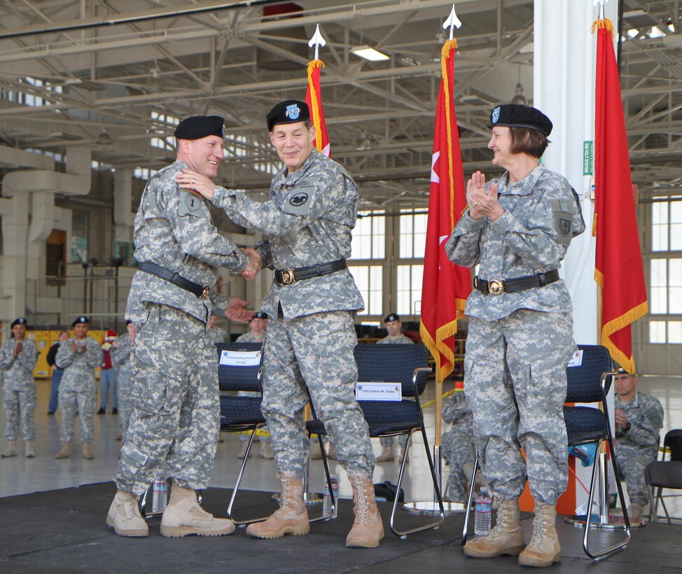 The Commander of the Army Reserve, Lt. Gen. Jeffrey Talley (center), congratulates Maj. Gen. Mark Palzer (left), incoming commander of the 79th Sustainment Support Command, and Maj. Gen. Megan P. Tatu (right), on the future work they will do, and the progress already made at the 79th SSC, respectively, during a change of command ceremony Dec. 5, 2015, at Joint Forces Training Base, Los Alamitos, Calif. (U.S. Army photo by Sgt. Stephanie C. Jiles, 201st Press Camp Headquarters)