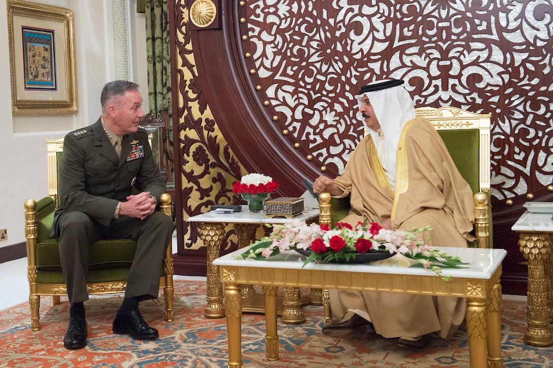 Bahraini King Hamad bin Isa Al Khalifa, right, meets with U.S. Marine Corps Gen. Joseph F. Dunford Jr., chairman of the Joint Chiefs of Staff, at Sakhir Palace in Bahrain, Dec. 7, 2015. DoD photo by D. Myles Cullen