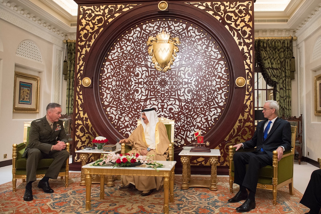 Bahraini King Hamad bin Isa Al Khalifa, center, meets with U.S. Marine Corps Gen. Joseph F. Dunford Jr., chairman of the Joint Chiefs of Staff, left, and U.S. Ambassador to Bahrain William V. Roebuck at Sakhir Palace in Bahrain, Dec. 7, 2015. DoD photo by D. Myles Cullen