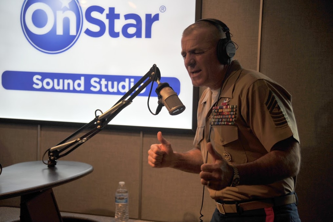 Marine Corps Sgt. Maj. Bryan B. Battaglia, senior enlisted advisor to the chairman of the Joint Chiefs of Staff, stopped by the GM OnStar Studios at the GM Renaissance Center in Detroit, March 31, 2015, where he conducted an interview with Tom McDonough of WROM Internet Radio. During the interview, Battaglia discussed the importance of hunting ISIL, the need for businesses to hire transitioning service members and the necessity to maintain an all-volunteer force. DoD photo by Army Master Sgt. Terrence L. Hayes